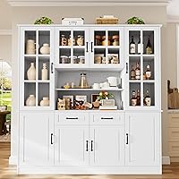 Buytime 71" Tall White Kitchen Pantry Cabinet with Glass Doors, 63" Wide Hutch, 2 Drawers & Adjustable Shelves for Dining & Living Room Storage