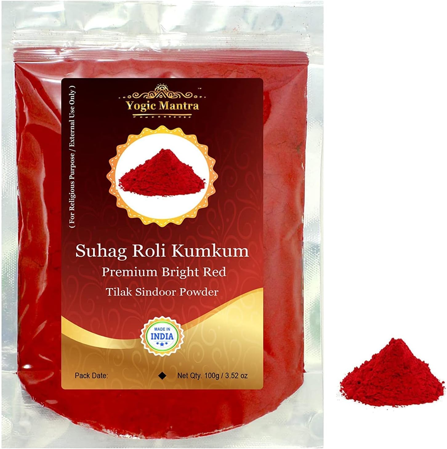 Kumkum Powder (100g Resealable Pouch) Bright Red Color Suhag Roli Sindoor Ceremonial Mark Lal Sindur Laxmi Devi Hindu Pooja Bridal Tilak Suhag Tikka Indian Rakhi Puja Religious Ceremony