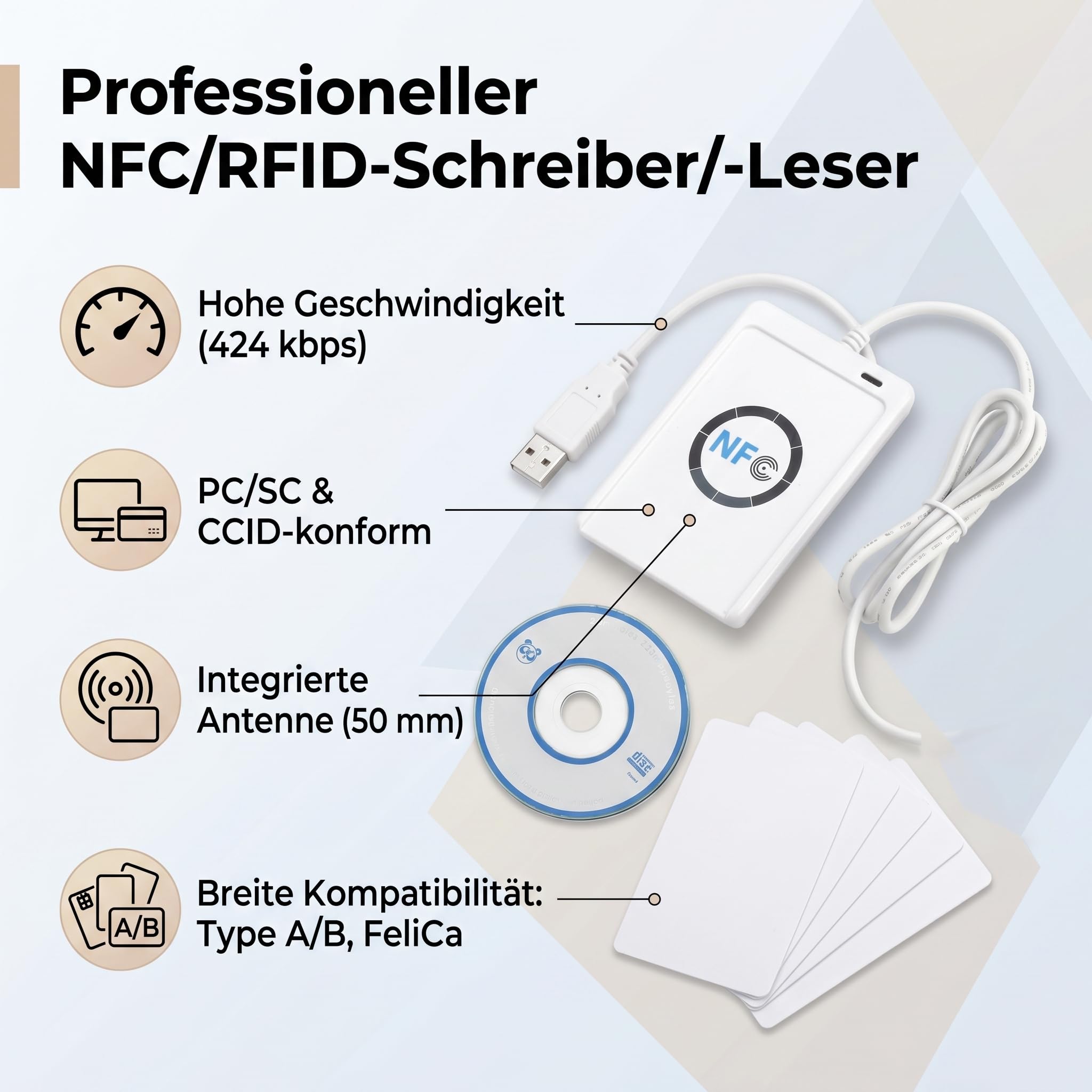Czytnik/zapisujący RFID NFC, ACR122U ISO 14443A / B + Darmowe Oprogramowanie w Kolorze Białym Czytnik Zbliżeniowy Czytnik/zapisujący Czytnik Kart IC Zapisujący Czytnik Kart IC Zawiera Czytnik Kart IC
