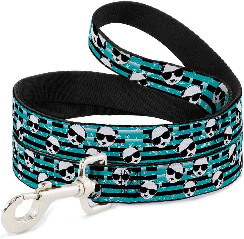 Buckle-Down Pet Leash - Multi Panda w/Sunglasses Stripe Turquoise/Black - 6 Feet Long - 1" Wide