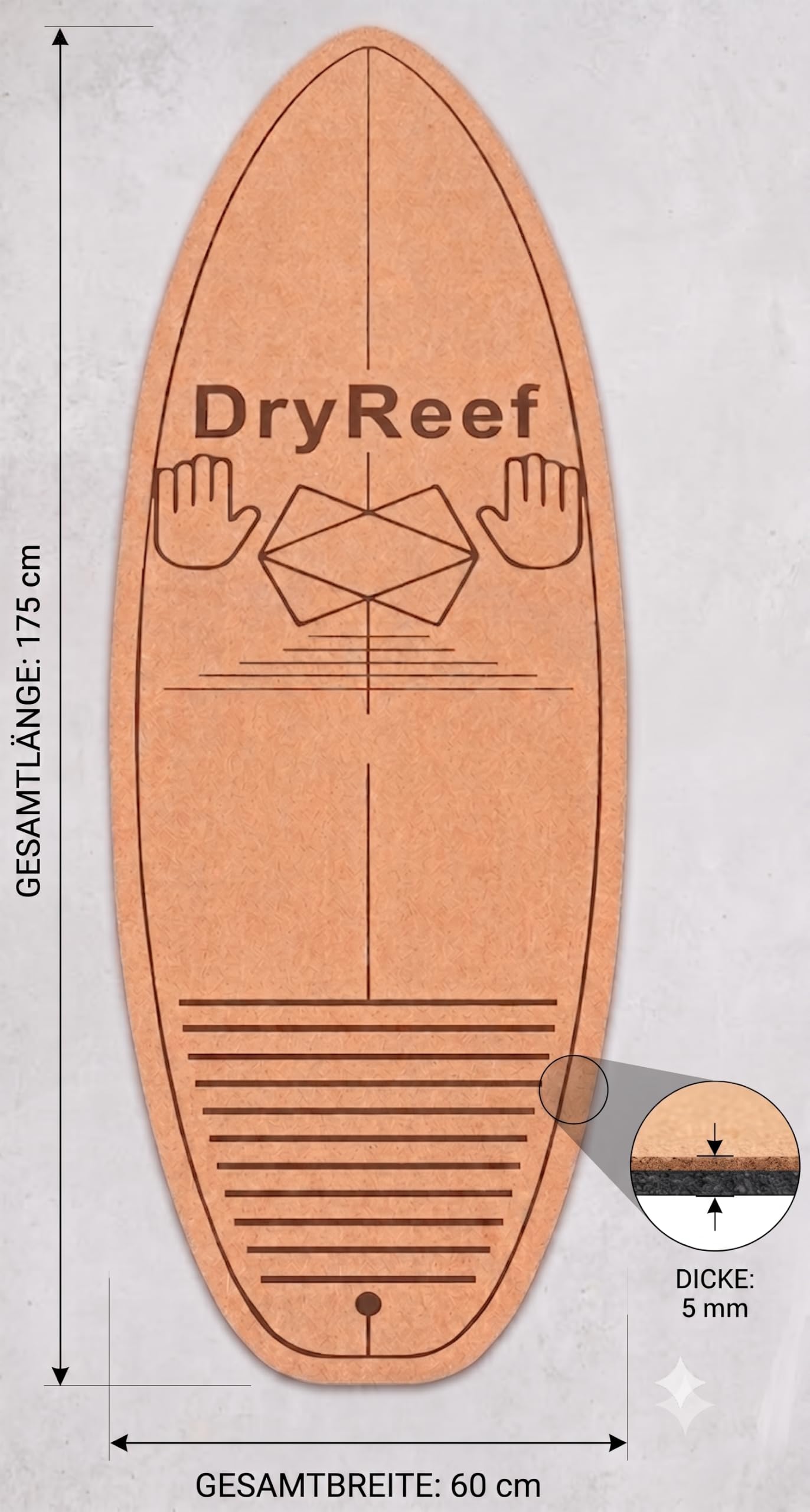 DryReef Premium Kork Surfmatte – Rutschfeste Surftraining Matte aus Kork & Naturkautschuk mit Ausrichtungshilfe für Pop-Up Training & Surf Fitness