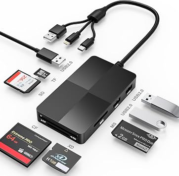 Camera Adapter to iPhone, 8 in 1 SD/MS/TF/CF/XD Card Reader with 3 USB 2.0 Ports, L-ightning+USB A+USB C, iPhone SD Card Adapter USB c Support OTG, Fast Phone Flash Drive for Photos and Videos