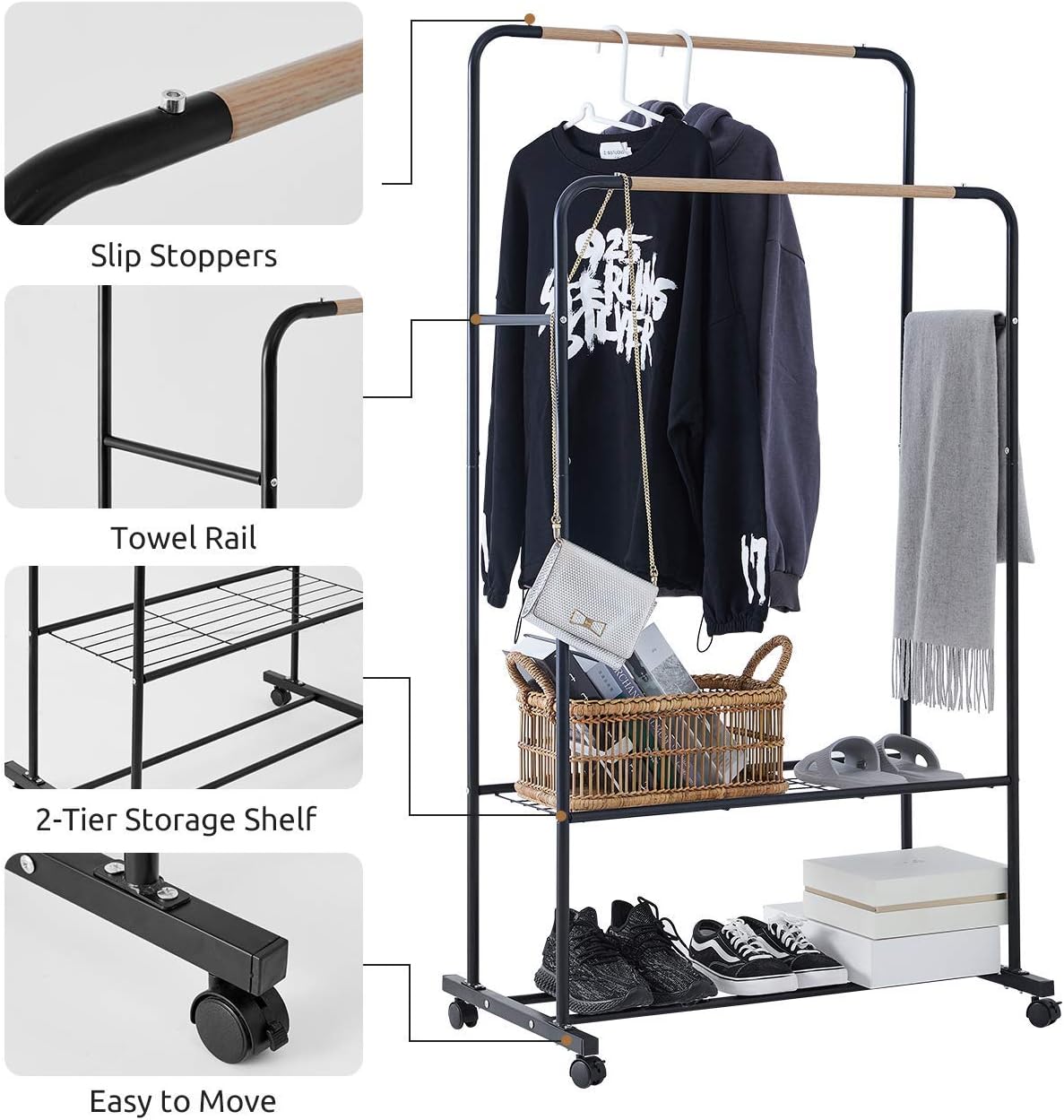 YOUDENOVA Clothes Rack on Wheels, Double Rails Rolling Clothing Rack with Shelves, Clothes Rack for Hanging Clothes, Black Garment Rack, Hanging Wardrobe Rack : Home & Kitchen