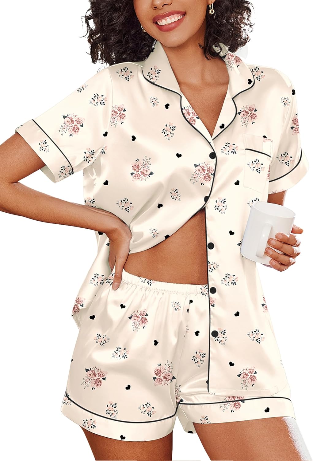 Ekouaer Women's Silk Satin Pajama Set Short Sleeve Pjs Shorts Set Comfy Button Down 2 Piece Sleepwear Loungewear