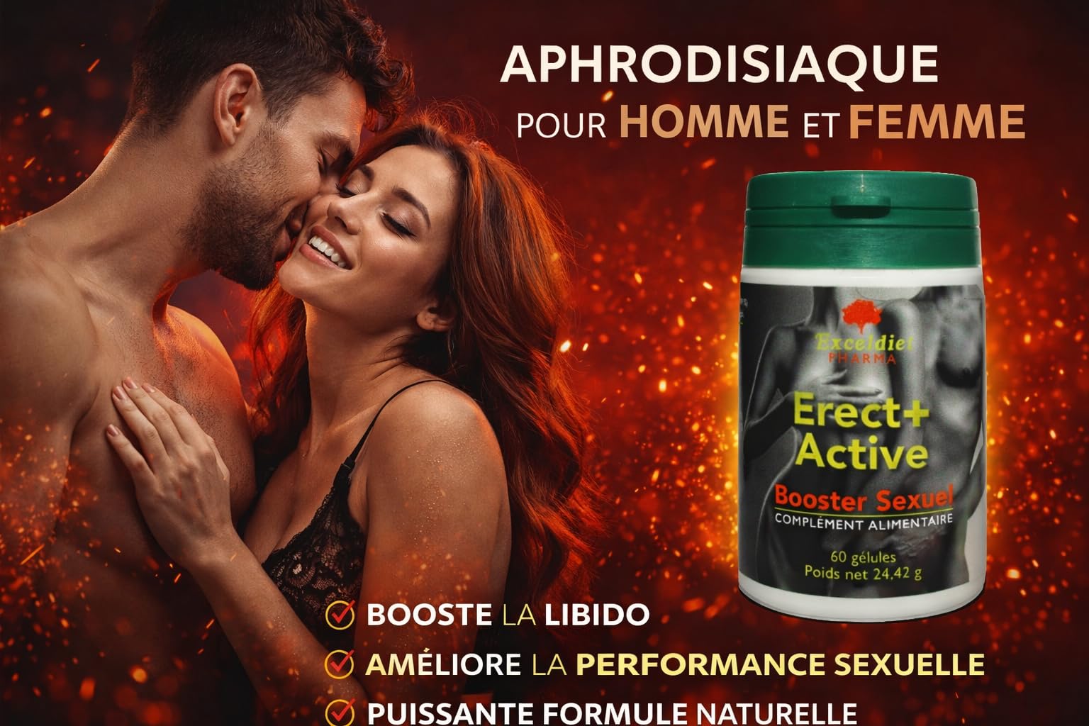 ERECT + ACTIVE - Complément Alimentaire Tonifiant Sexuel Intense pour Homme - Performance, Vigueur, Endurance Sexuelle - Maca, Ginseng, Tribullus, Zinc, 60 gélules