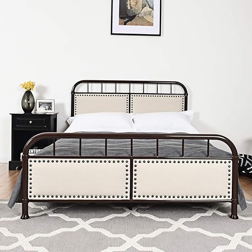 Giantex Marco de cama de metal plataforma de cama de tamaño completo con cabecero y pie de cama vintage soporte de listones de acero antideslizante