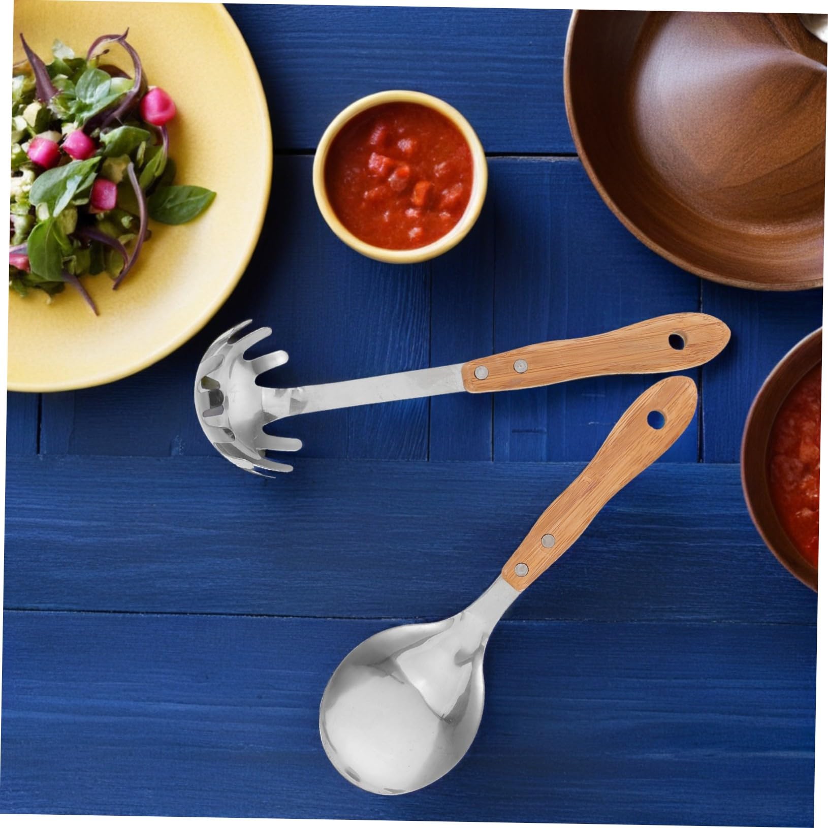 5 Pezzi Utensili in Acciaio Inossidabile con in Bamboo Cucchiai e Mestoli Forati per Insalata Zuppe e Pasta Resistenti e Antiruggine per Uso