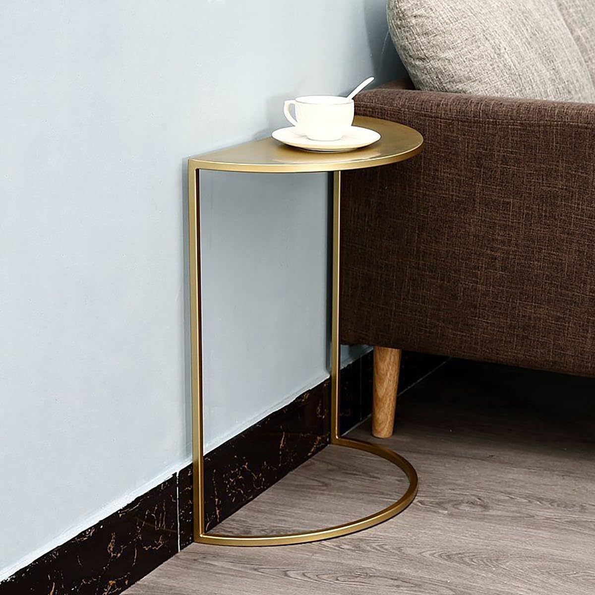 Petites Table D'appoint Demi-Lune, Table D'appoint Demi-Cercle En Métal Et Marbre, Table De Chevet Haute, Table Basse Avec Pieds En Métal, Pour Salon Chambre, Blanc, L15.7in/40cm