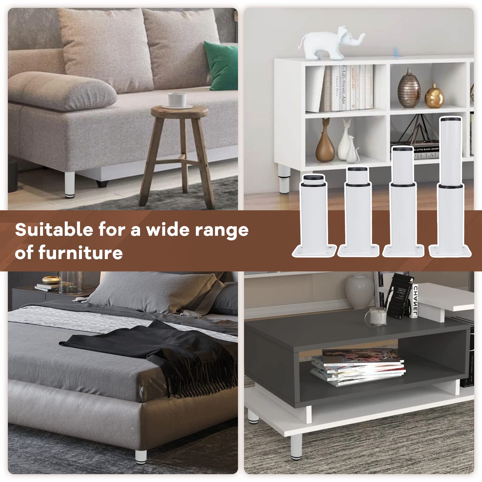 Set Di 4 Piedini Regolabili Per Mobili - Altezza 100-145 Mm, Nero, Per Divani E Armadi - Foto 4