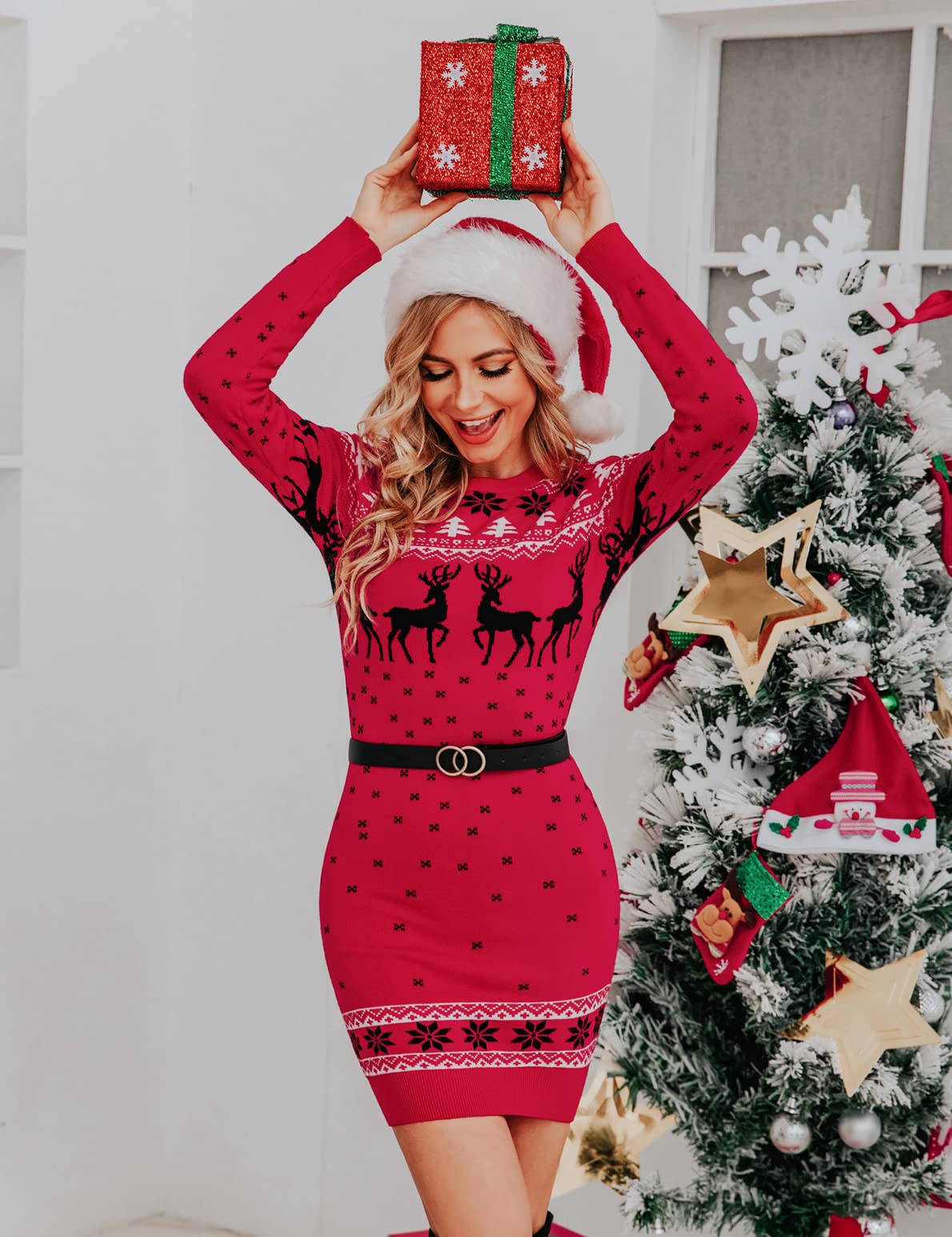 Totatuit Vestito Natalizio Donna Invernali Abito in Maglia Manica Lunga Maglione Vestiti in Maglioni Girocollo Carine di Capodanno con Natalizi Stampa