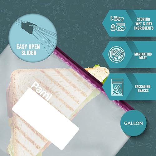 Miniatura 3 de PAMI Bolsas reutilizables para congelador deslizantes a prueba de fugas con parte inferior expandible y etiqueta para escribir, bolsas de