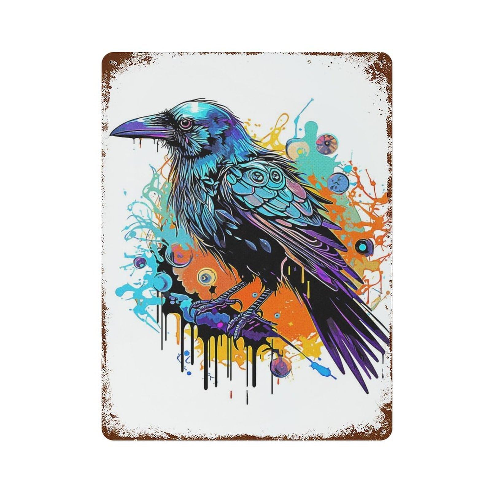Vintage Rust Metal Sign with Crow Painting Design 15.7"x11.8", for Shed, Workshop And Garage Wall Decor, Classic Wall Plaque