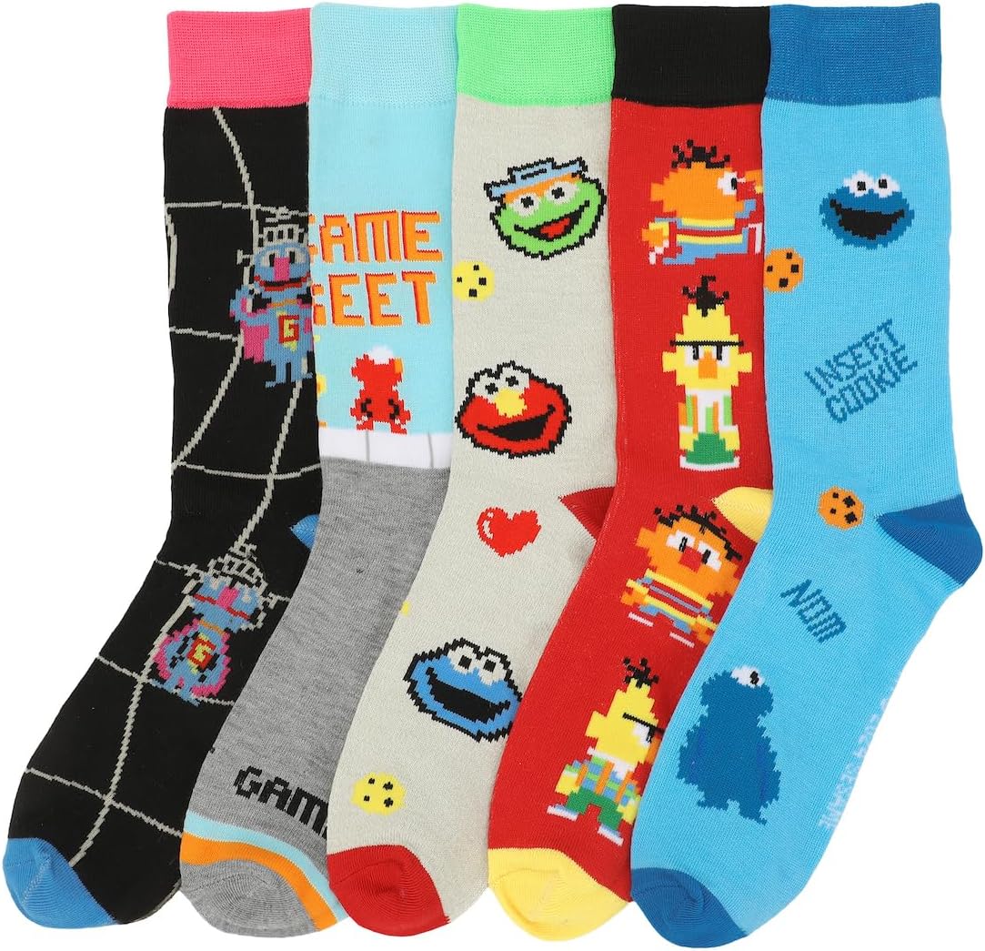 Bioworld Sesame Street Pixelated Characters 5-Pack of Adult Casual Crew Socks