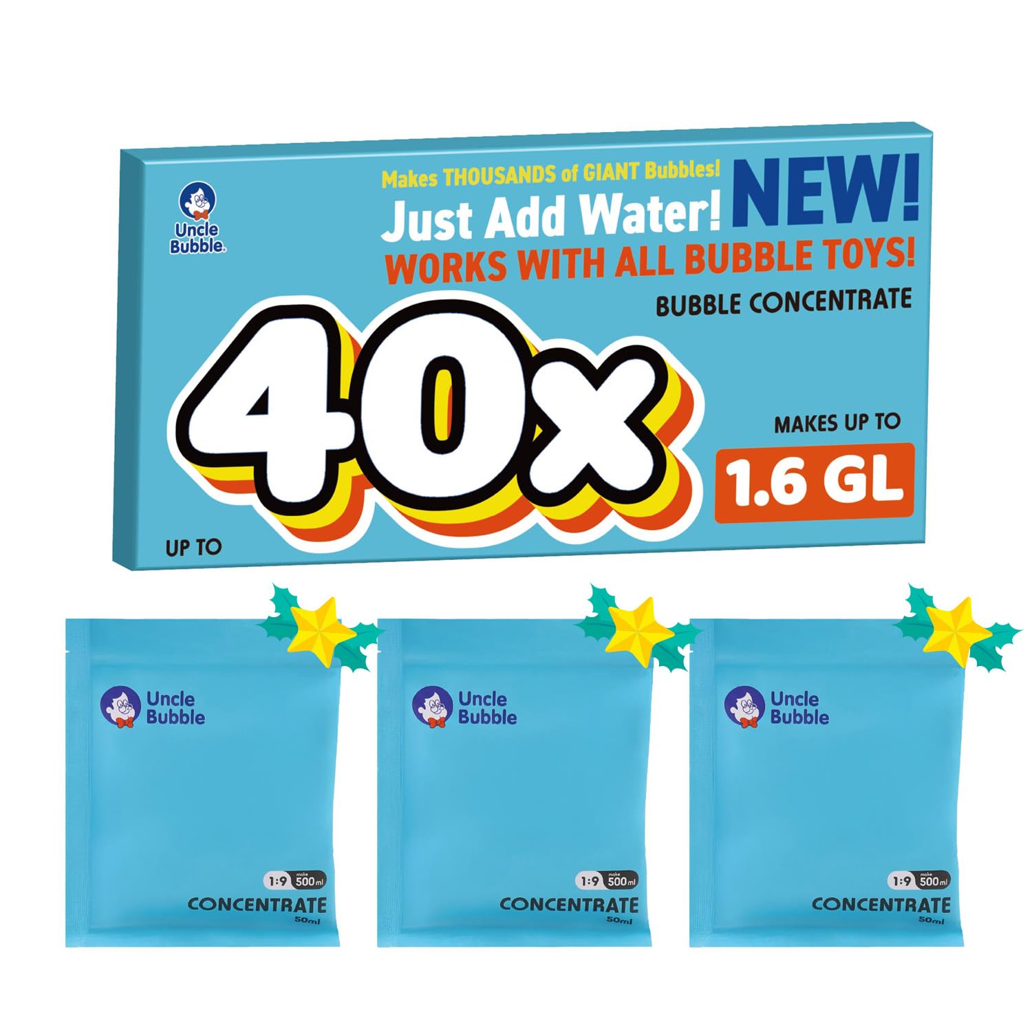 Uncle Bubble Concentrated Bubble Solution (up to 12L/3.2 Gallons) Regular Bubbles for Bubble Machine, Bubble Gun, Bubble Wands, Bubblw Mower, Bubble Juice Refill. Make 6L/1.6 Gallons for Giant Bubble