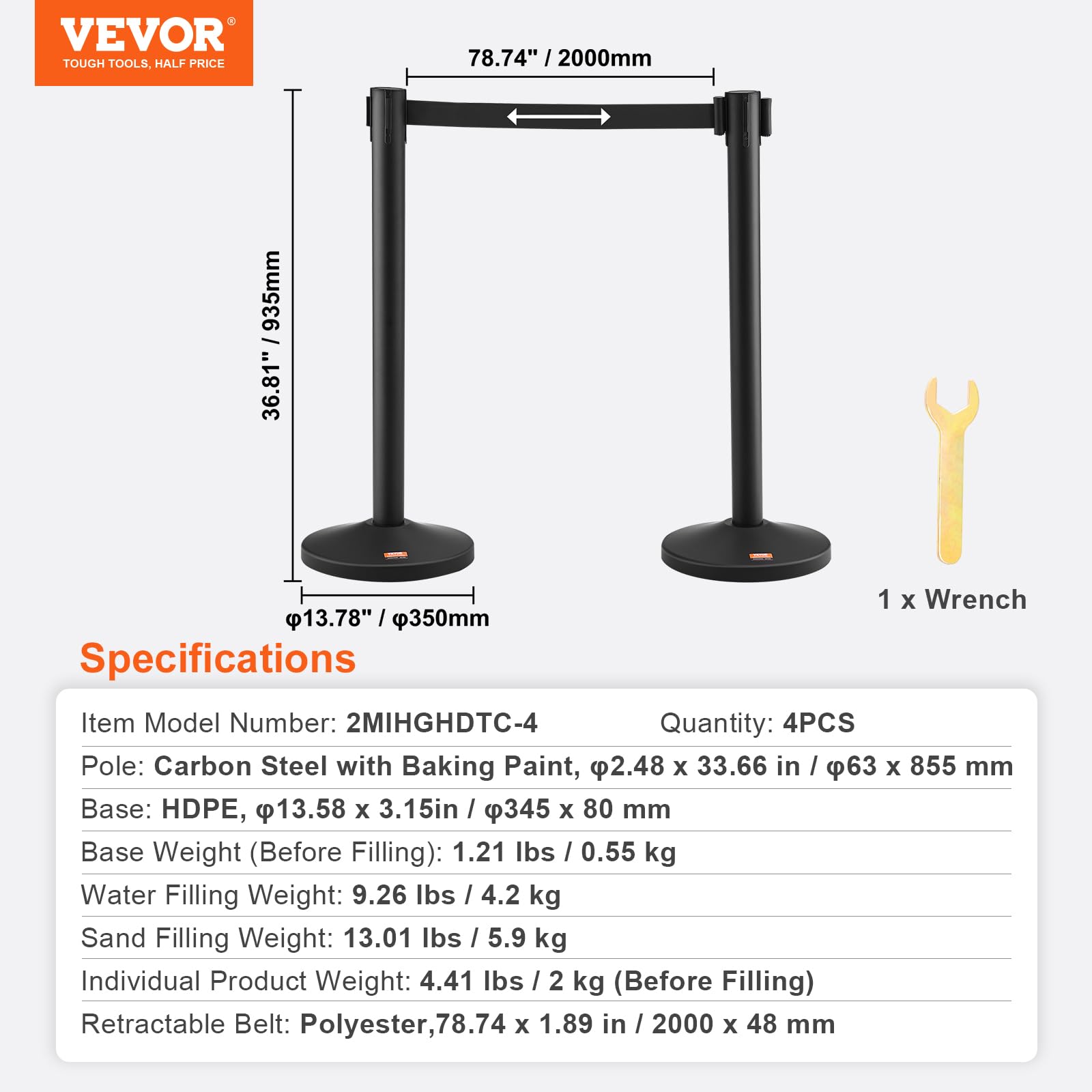 VEVOR Poste Guía 4 Piezas Barrera de Marcado 93,5cm Cintas Retráctiles 2x2 m