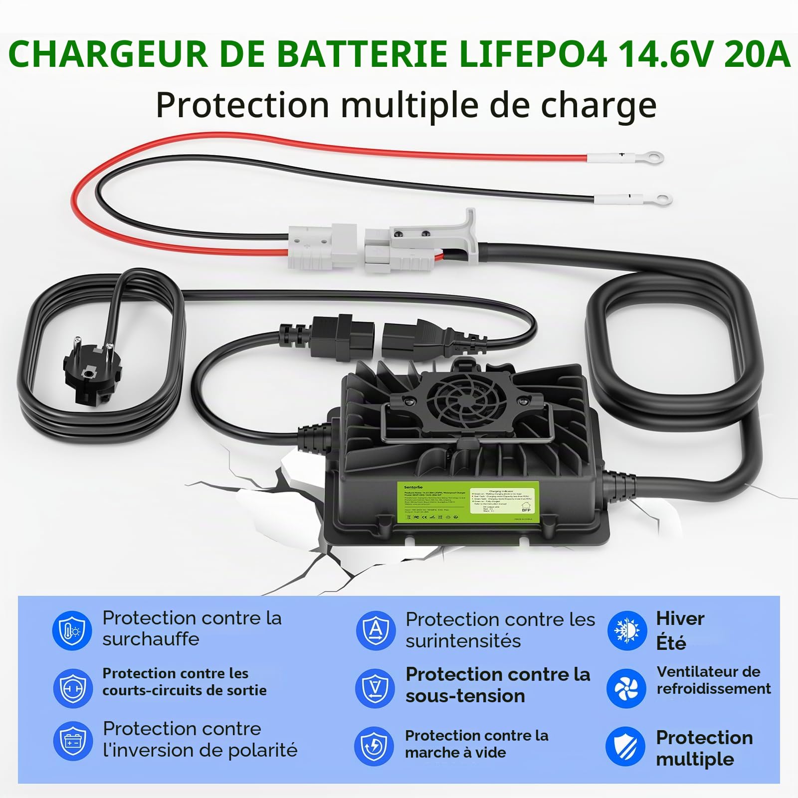 Chargeur de batterie LiFePO4 14,6V 20A, activation 0V, IP65 étanche & connecteur Anderson pour batterie lithium de camping-car, bateau, site isolé et systèmes solaires