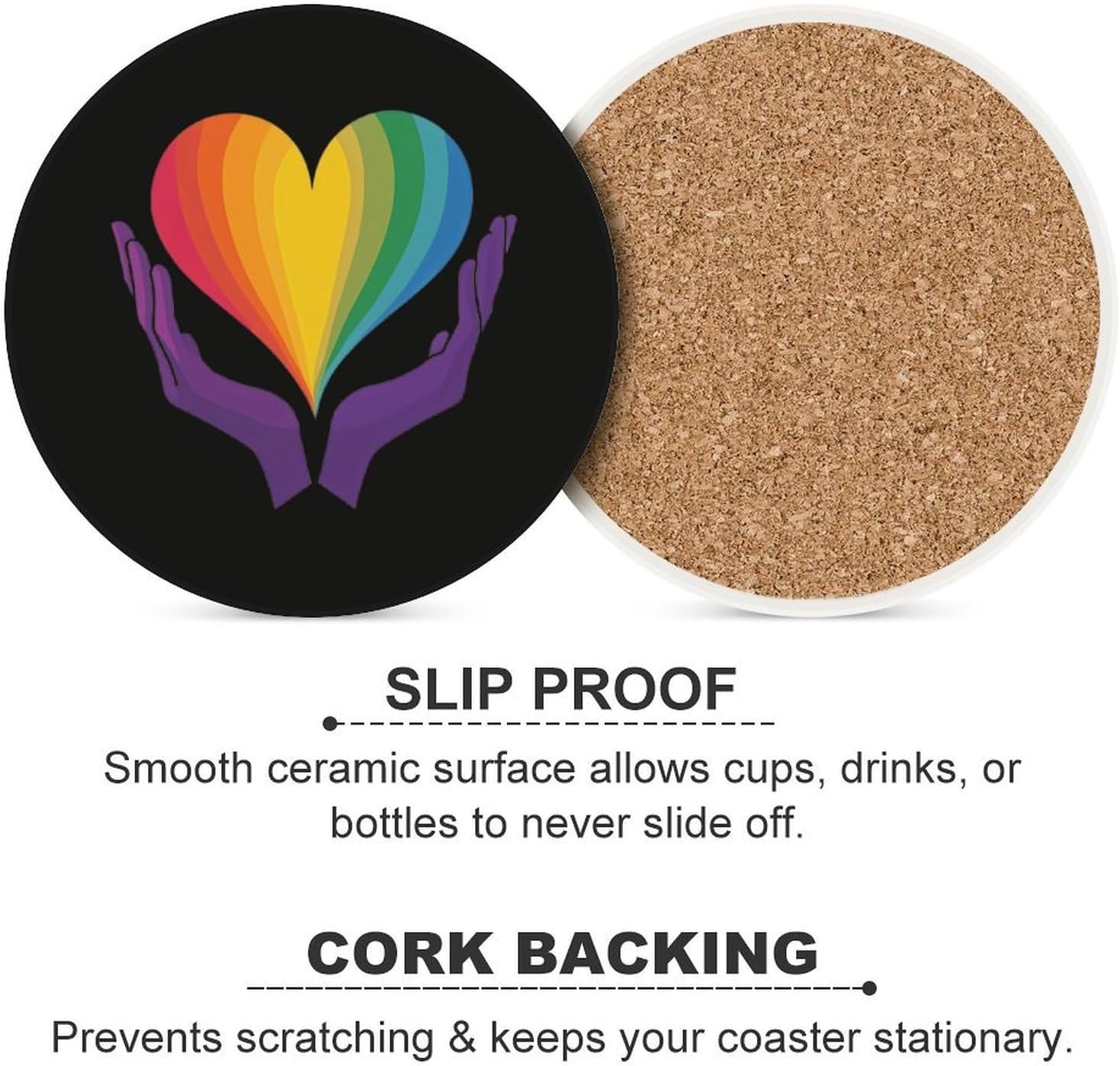 LGBTQ Proud Flag Heart Round Ceramic Coasters Print Drinks Absorbent with Cork Base for Home Decor Gifts 4 Inch