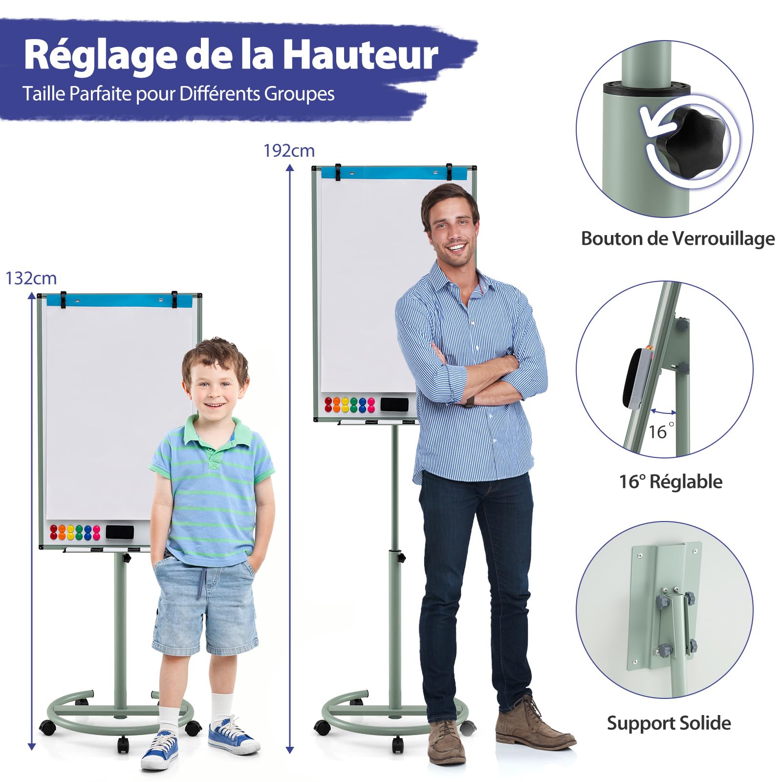 COSTWAY Tableau Blanc Effacable sur Pied, 100 x 65 cm, Tableau Blanc sur Pieds Hauteur Réglable 132-192 cm, Support Sur Roulettes, Cadre en Alu, Paper Board, pour École, Bureau (100x65cm,Vert)