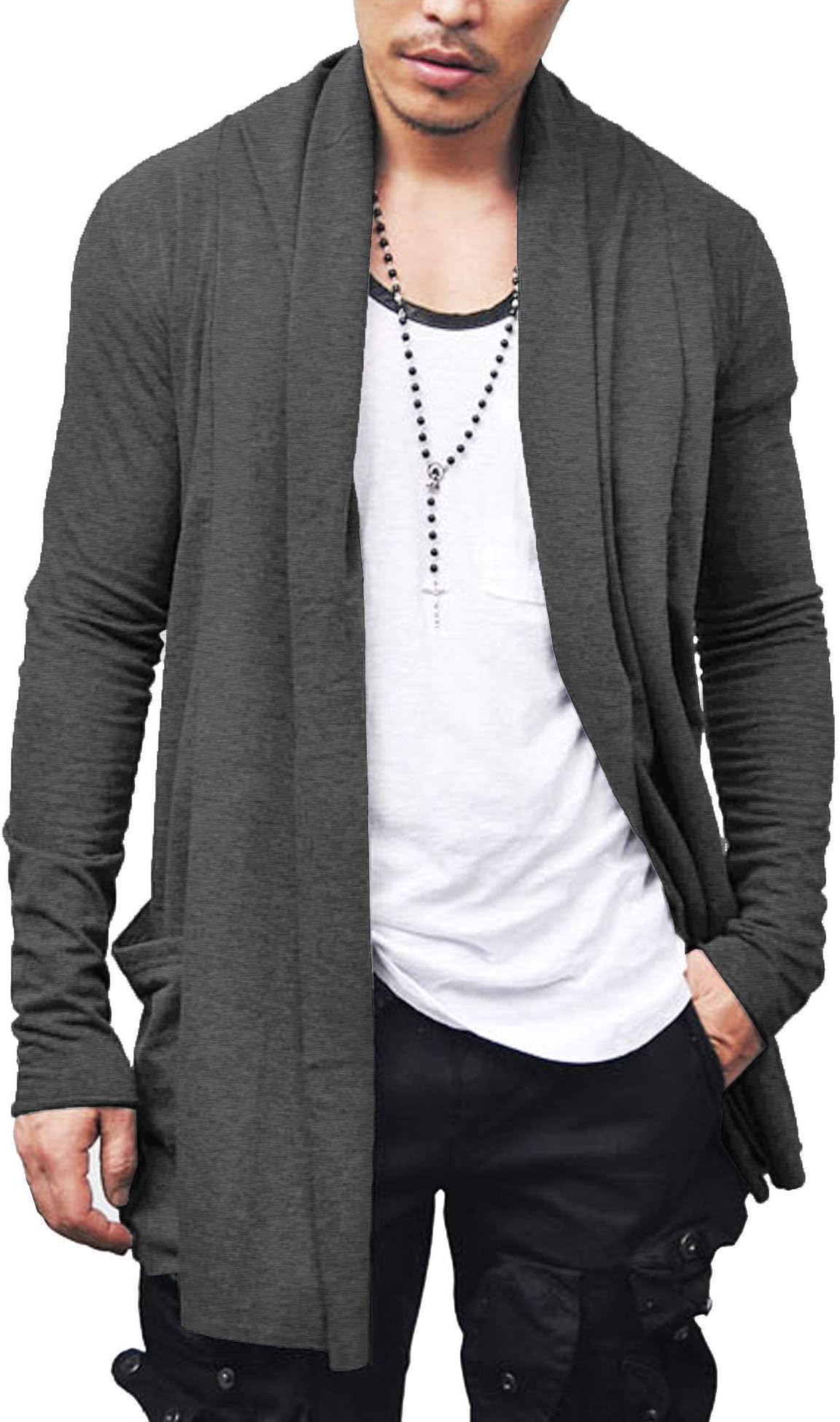 Men's Ruffle Shawl Collar Cardigan Open Front Lightweight Long Length Drape Cape Overcoat with Pockets