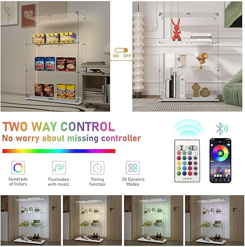 Miniatura 144 de Vitrina de cristal con 4 estantes con tira de luces LED y cerradura, vitrina de vitrina con ruedas y 1 puerta, vitrina de vidrio templado para sala
