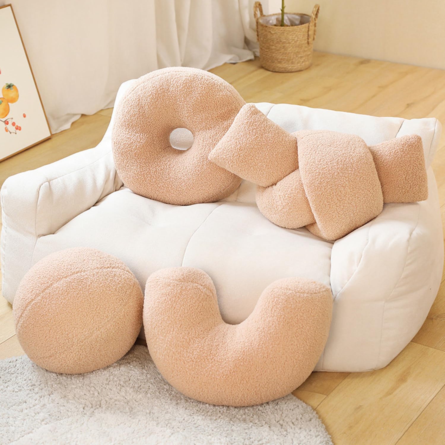Hanchiweier Creative Pillows Geometry Knot Ball Plush Pillow Soft Donut Cashew Shaped Decorative Throw Pillows for Living Room Sofa Cushion (White Cashew Pillow)