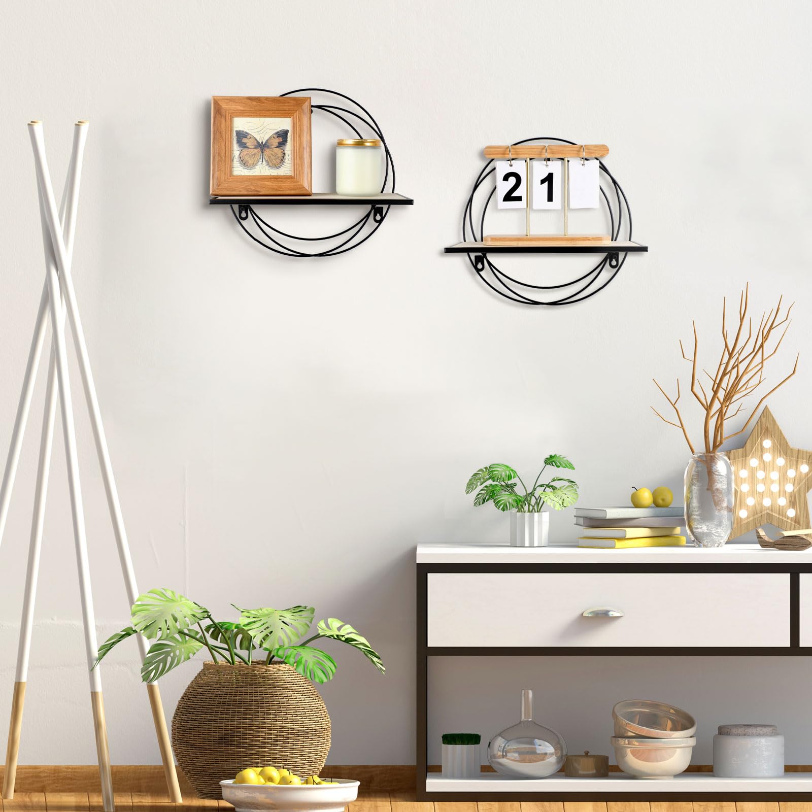 Yaocom 3 Stück Schweberegale, Wandmontage, Hängeregal mit Metalldraht und Holz, faltbares rundes Regal, Wanddekoration für Aufbewahrung, Schlafzimmer, Badezimmer, Wohnzimmer, Küche, Büro