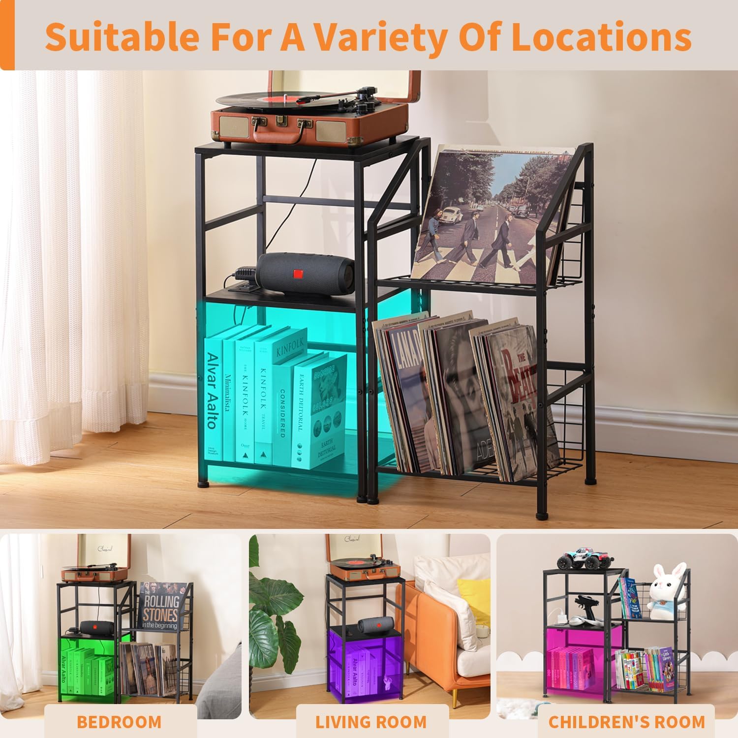 LAKEMID Record Player Stand in different room settings: bedroom, living room, children's room