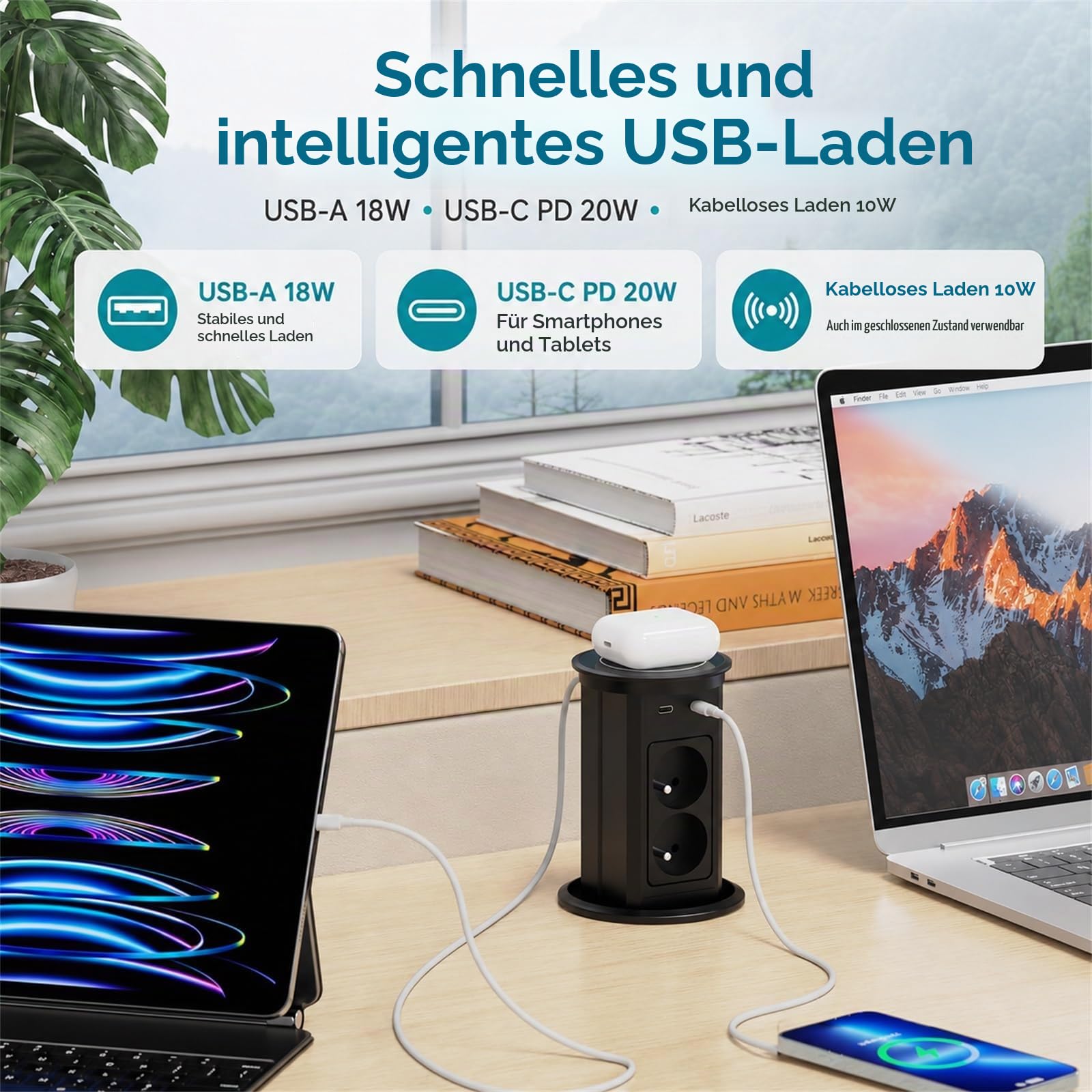 Steckdosenleiste zum Einbauen, automatisch, versenkbare Mehrfachsteckdose mit 4 Steckdosen, 2 USB C(PD 20 W), 2 USB A (18 W), kabelloses Ladegerät 10 W, Kabel 2 m, Ø 100 mm, für Büro, Küche