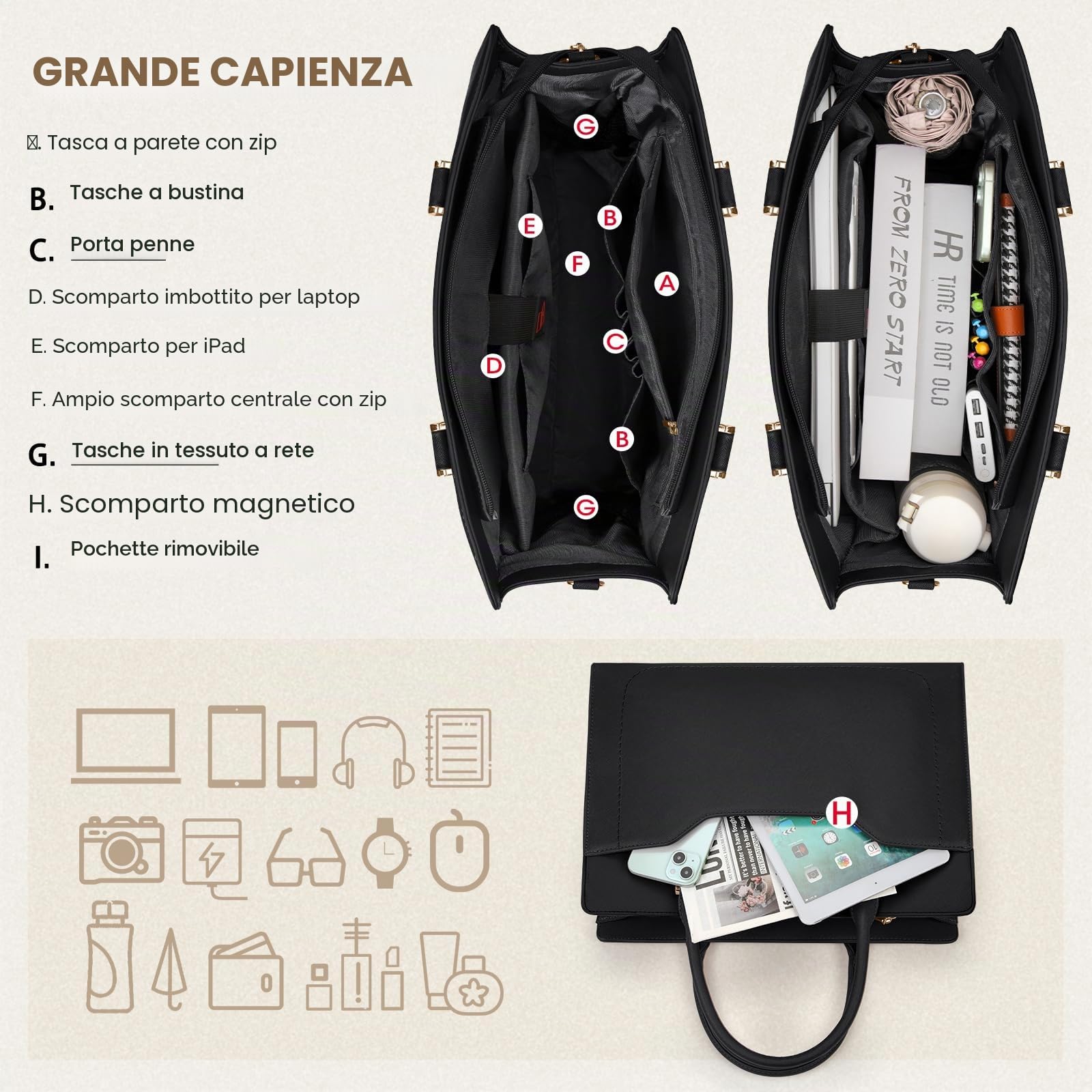 RAINSMORE Borsa Donna Università Grande per Lavoro - Tote Bag in Pelle PU, Tracolla Firmata, a Spalla
