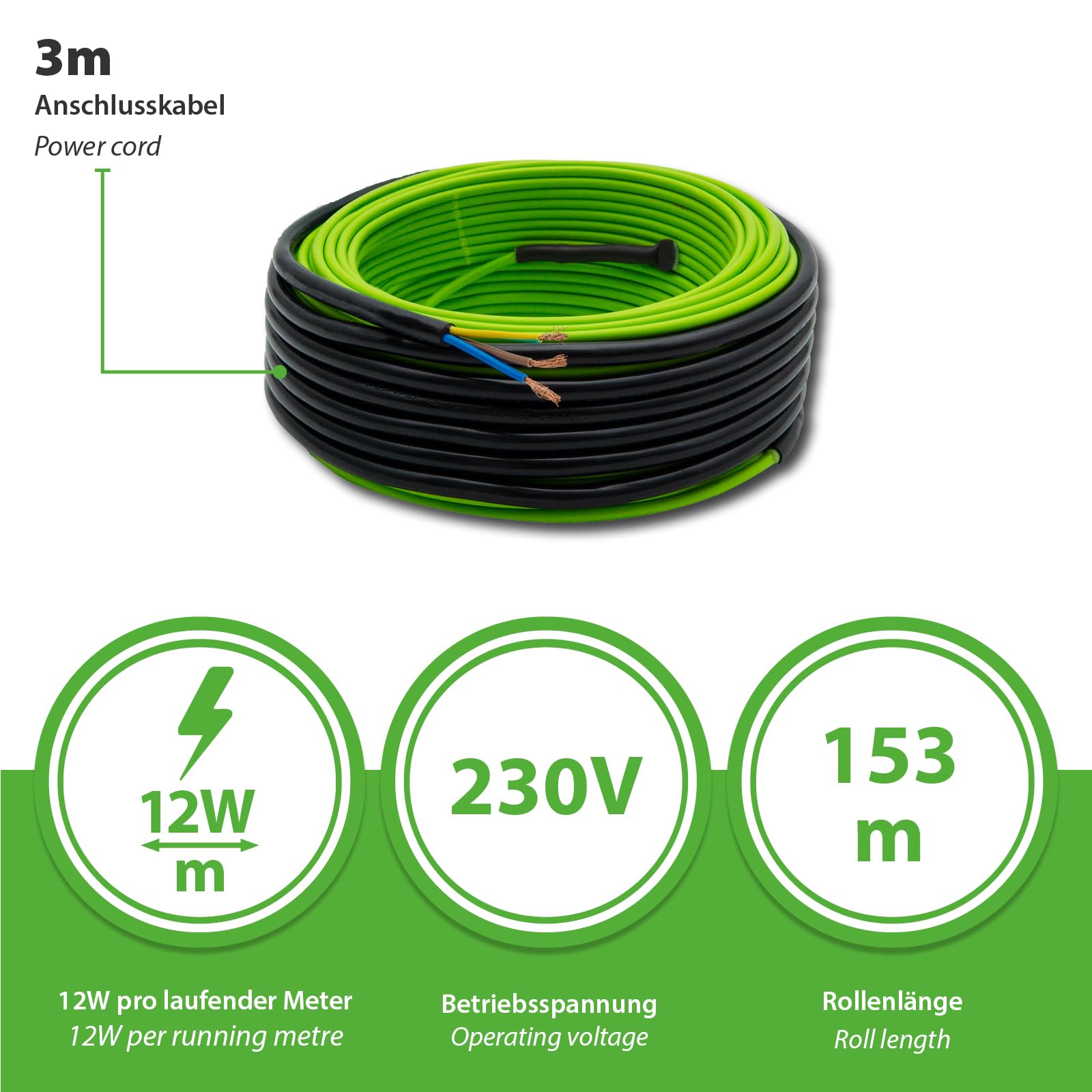 Kabel grzewczy do drewna, korka, laminatu PCW, 153 m, z kablem przyłączeniowym 3 m, 153 m