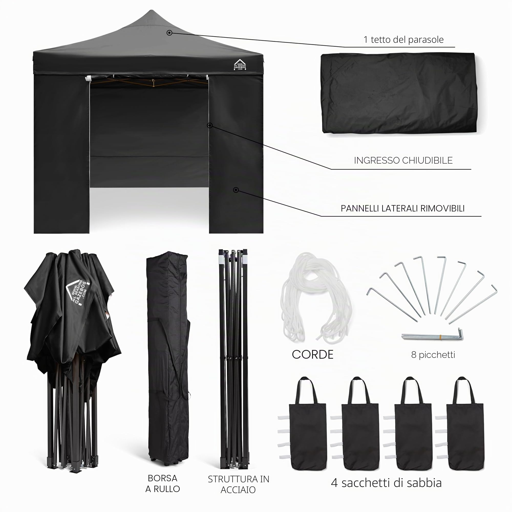 All Seasons Gazebos: Gazebo pop-up 3x3m completamente impermeabile con 4 pareti laterali - Nero