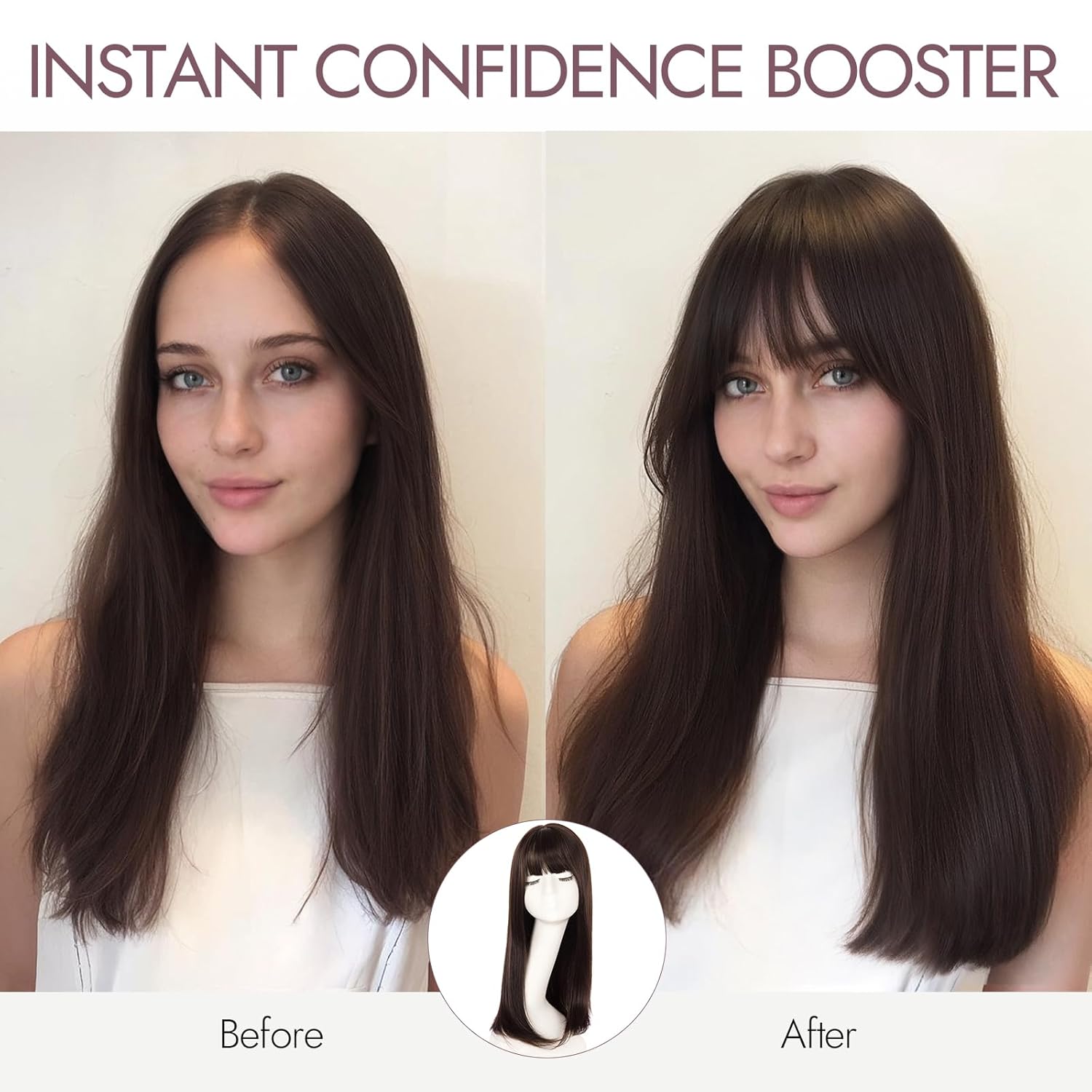 Hair Topper with Bangs for Women 20 Inch Layered Synthetic, Straight Clip In Topper with Simulated Scalp and 3 Clips, Adds Volume and Gray Hair Coverage for Thinning Hair, Black