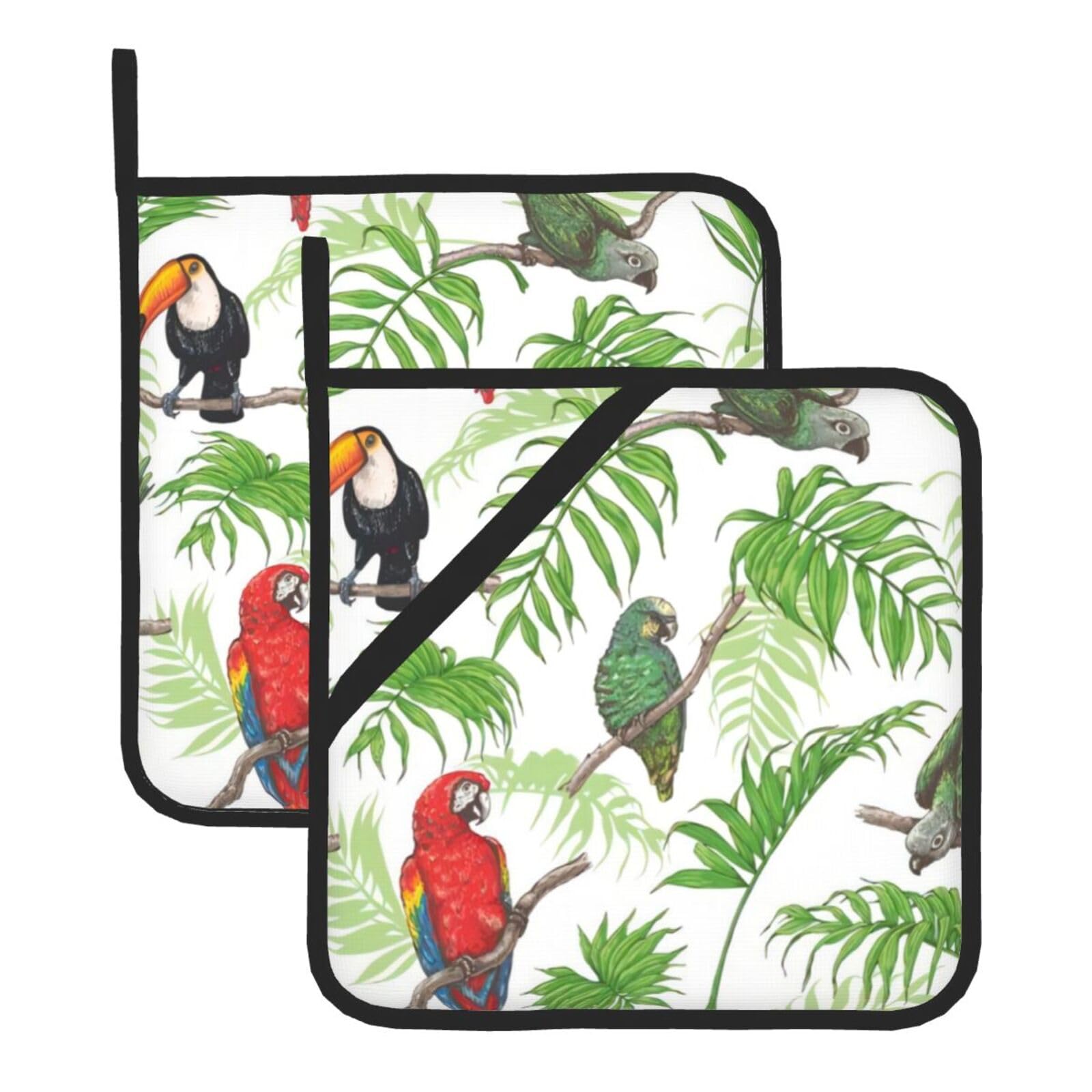 YYHHAOFA Parrot Birds and Tropical Tree Prints Square Hot Pot Pads - Waterproof Kitchen Throw Layers for Countertop, Oven & Grill - Durable Heat Resistant Pads with Hanging Loop (2-Pack)
