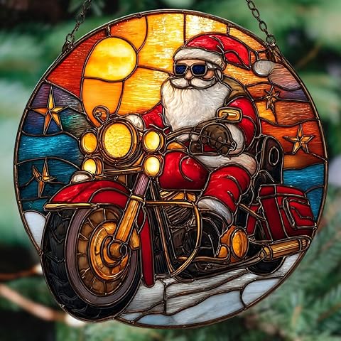 Cool Retro Santa Riding Motorcycle Mosaic Acrylic Suncatcher Stained Glass Effect W...