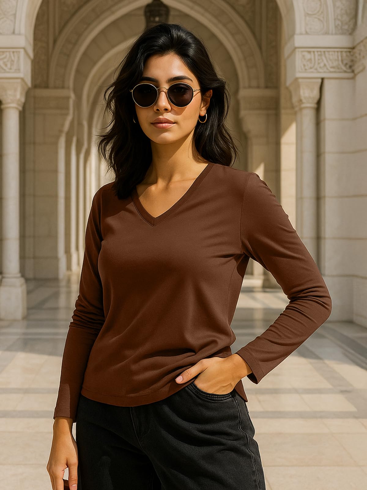 JUNEBERRY® T-shirt a maniche lunghe in puro cotone a tinta unita per donne e ragazze (taglie: dalla S alla 2XL)