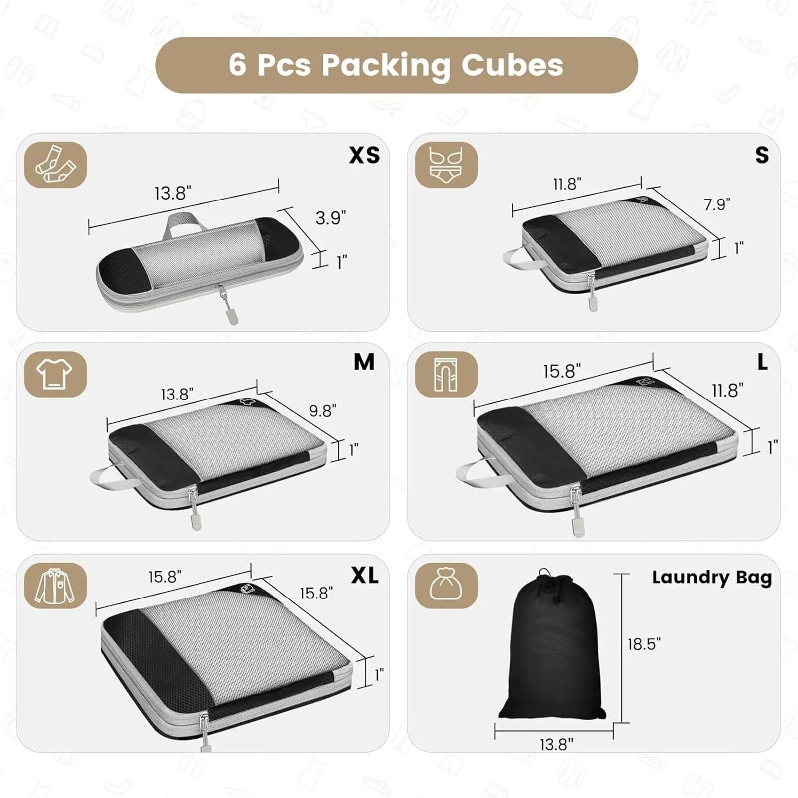 Organizer Valigia,Packing Cubes Set di 6 cubi da Viaggio compressi, Organizer for riporre Oggetti, con Borsa for Scarpe, in Rete, Portatile e Leggero.(Black)