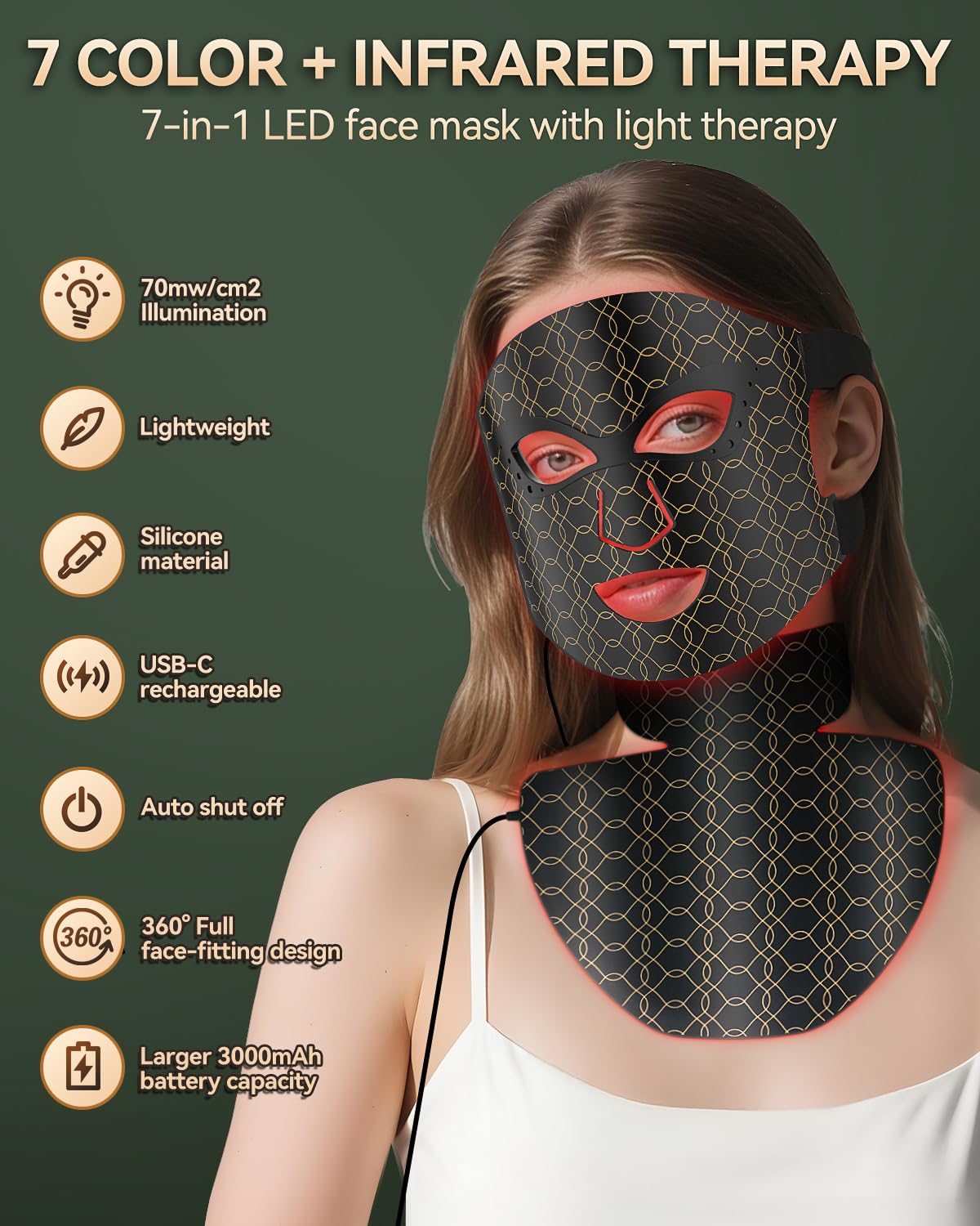 LED Maske Gesicht & Hals, Gesichtsmaske Lichttherapie mit 7 Modi, 608 Perlen Red Light Therapy Face Mask, 855nm NIR, Aufladbar Rotlicht Gesichtsmaske 3000 mAh, Verstellbare Bänder für Hause