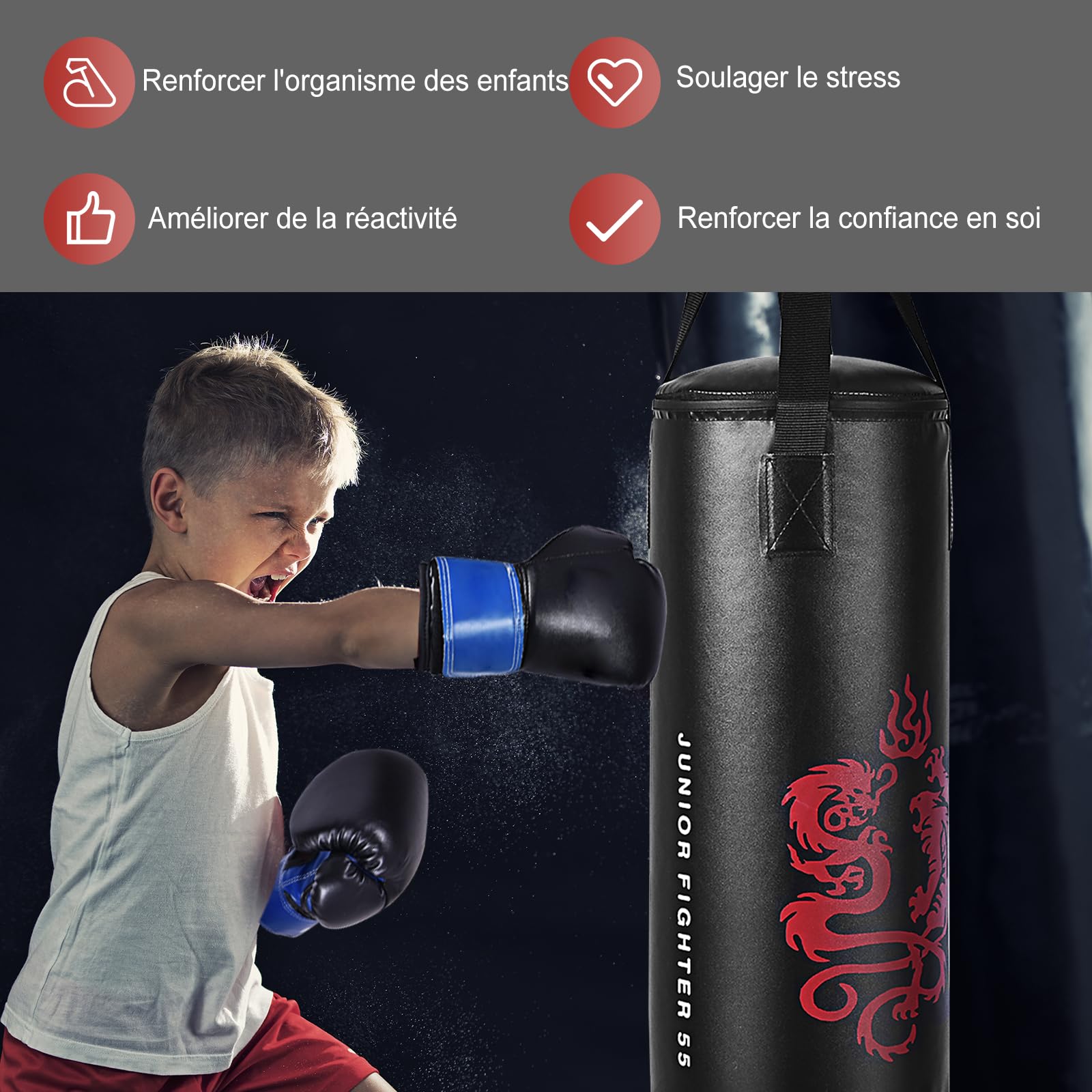 GYMAX Sac de Frappe pour Enfants, Sac de Boxe Suspendu avec Gants de Boxe & Corde à Sauter & Sac de Transport, Remplissable de Sable