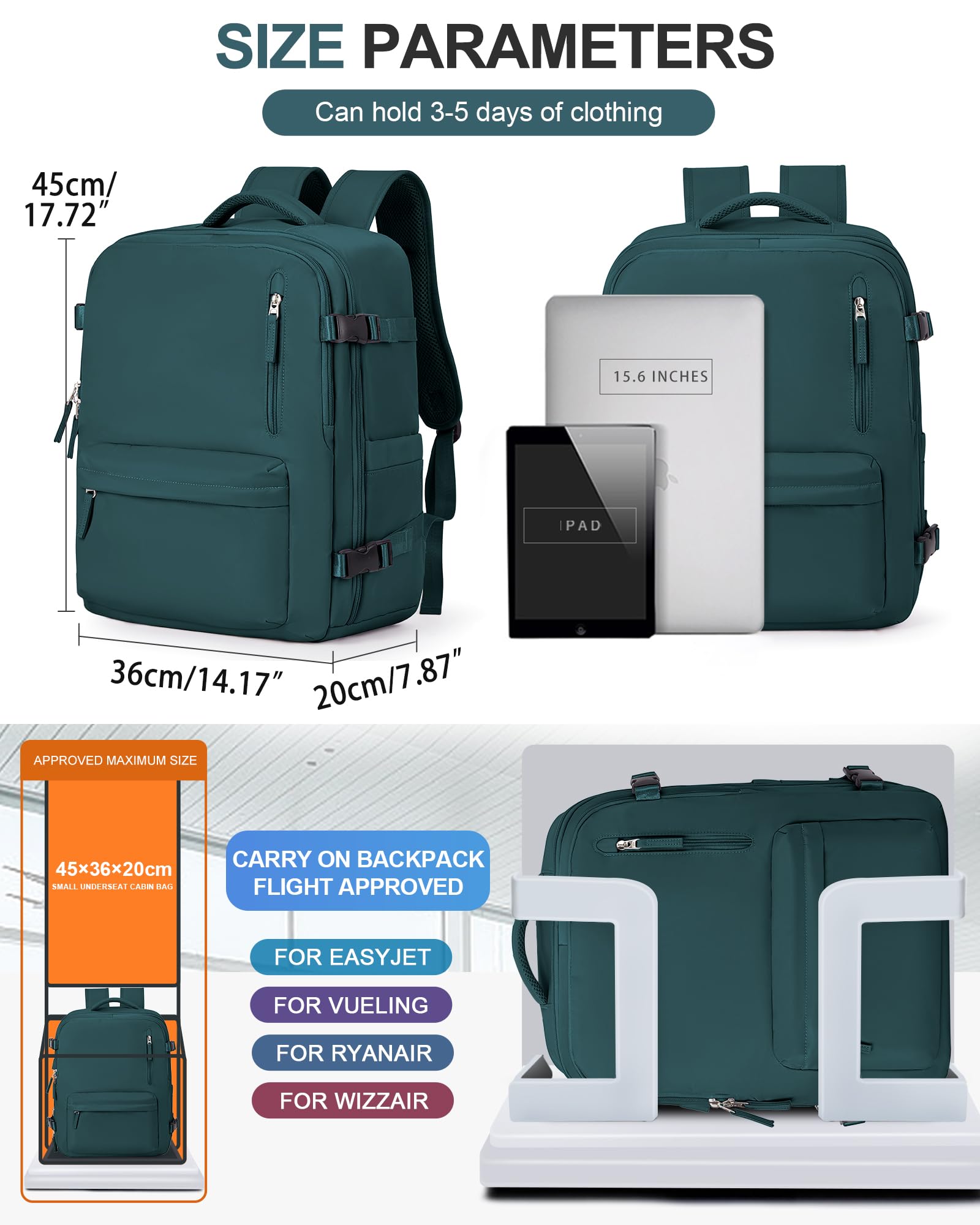 BJLFS Borse da Cabina per Ryanair 40×20×25 Bagaglio a Mano Easyjet 45×36×20 Borsa Zaino da Viaggio, Zaino da trekking,Zaino Casual per laptop da 14 pollici per scuola