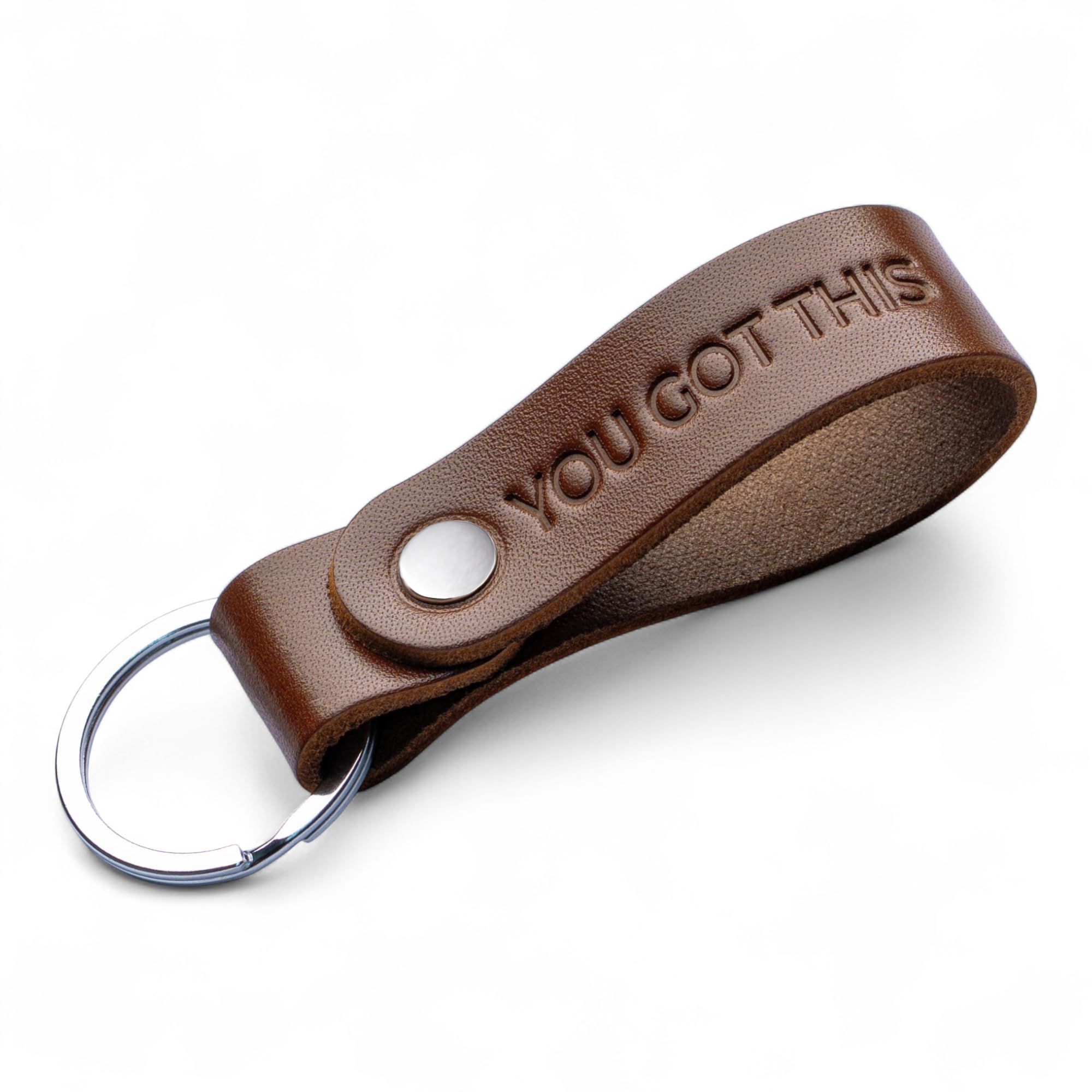 MAGOR Handmade Full Grain Leather Keyring Personalised Keychain for Men Women Car Keys Gift for Him Her Dad Husband Premium Hot Embossed Brown Leather Loop in Gift Box (YOU GOT THIS)