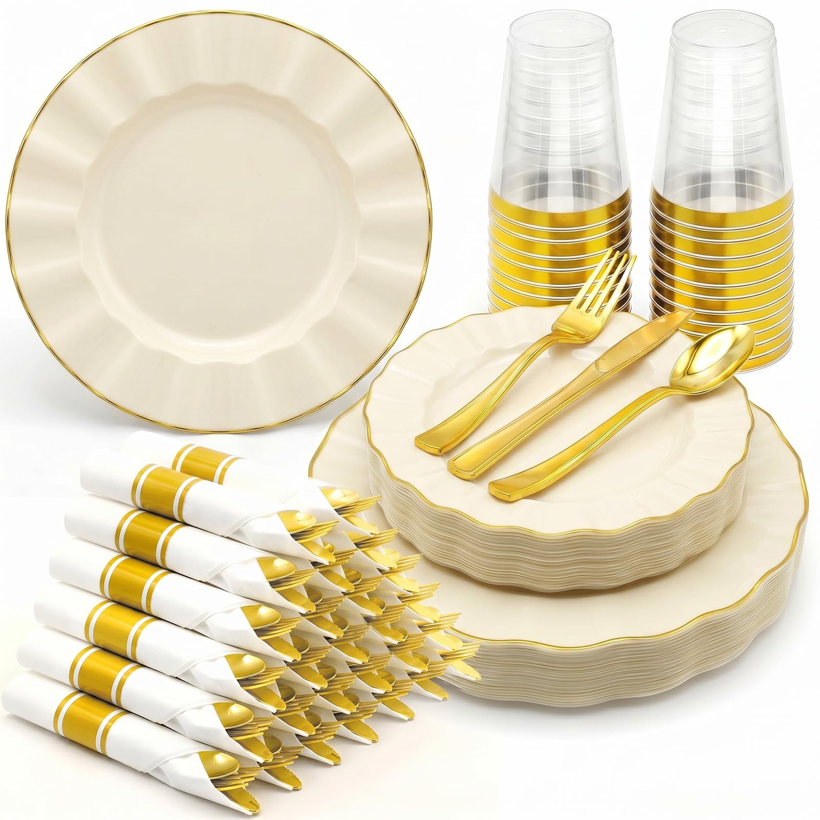 Glowserve Scalloped Plastic Plates Dinnerware Set 175 PCS for 25 Guests | 50 Plastic Plates,75 Silverware Set,25 Plastic Cups,25 Pre-Rolled Napkin,for Party Wedding,Disposable lvory