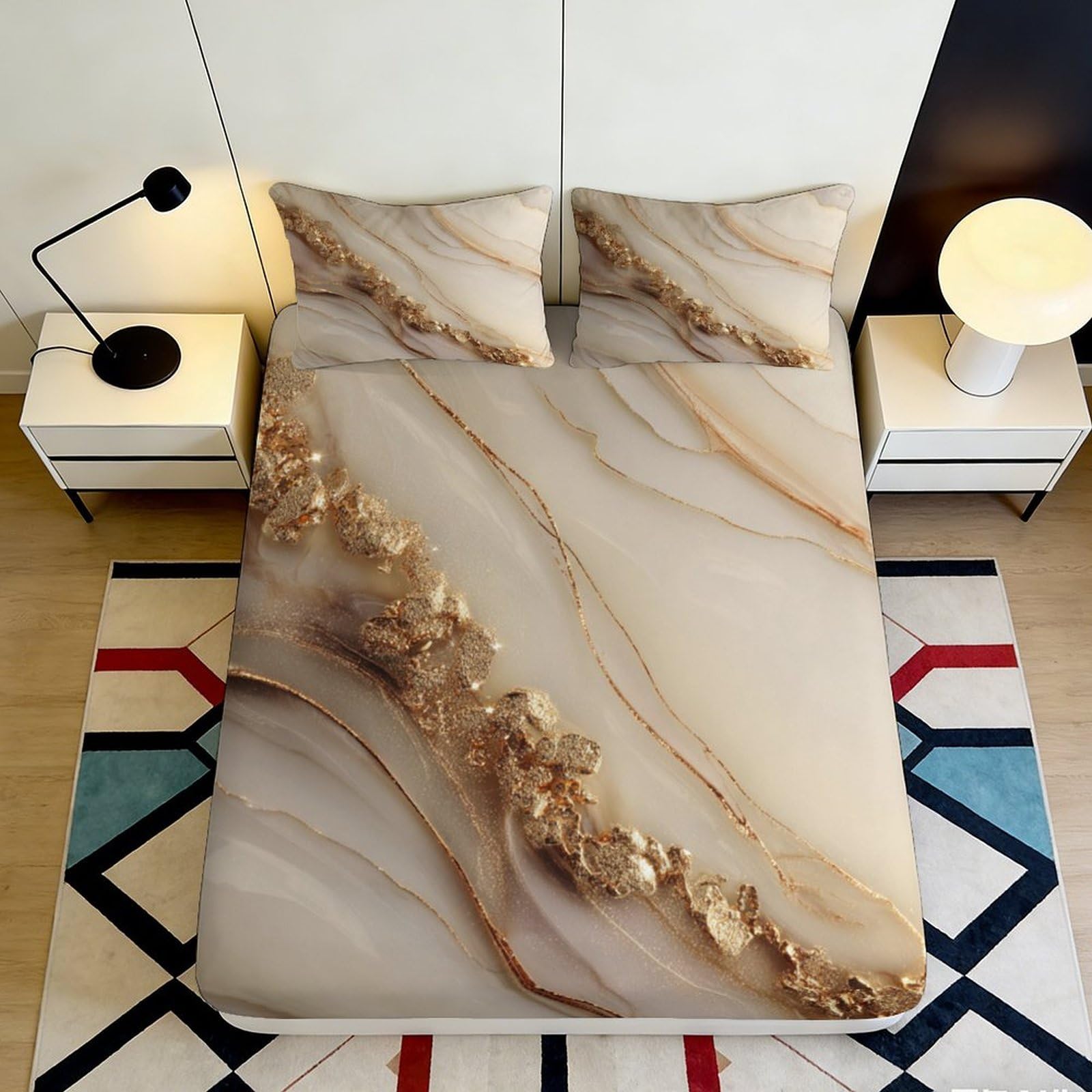 Jqzkxnhpbr Style-9 3D Printed Marble Vein Fitted Sheet Microfiber Soft Beige Gold Mattress Cover For Bedroom Guest Room Decoration 90X200x25cm