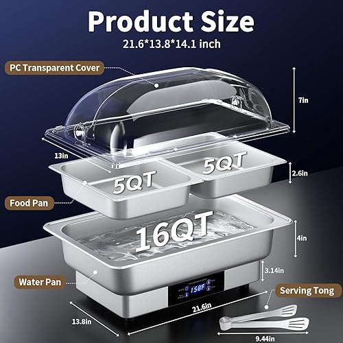 Miniatura 5 de Plato eléctrico de 10 cuartos de galón, con temperatura ajustable, chafer de acero inoxidable, control de temperatura, servidores y calentadores de