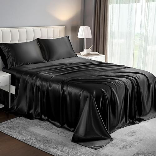 Miniatura 1 de HENGWEI - Juego de sábanas de seda de tamaño matrimonial, 4 piezas, juego de sábanas refrescantes con microfibra sedosa, resistente a las arrugas,