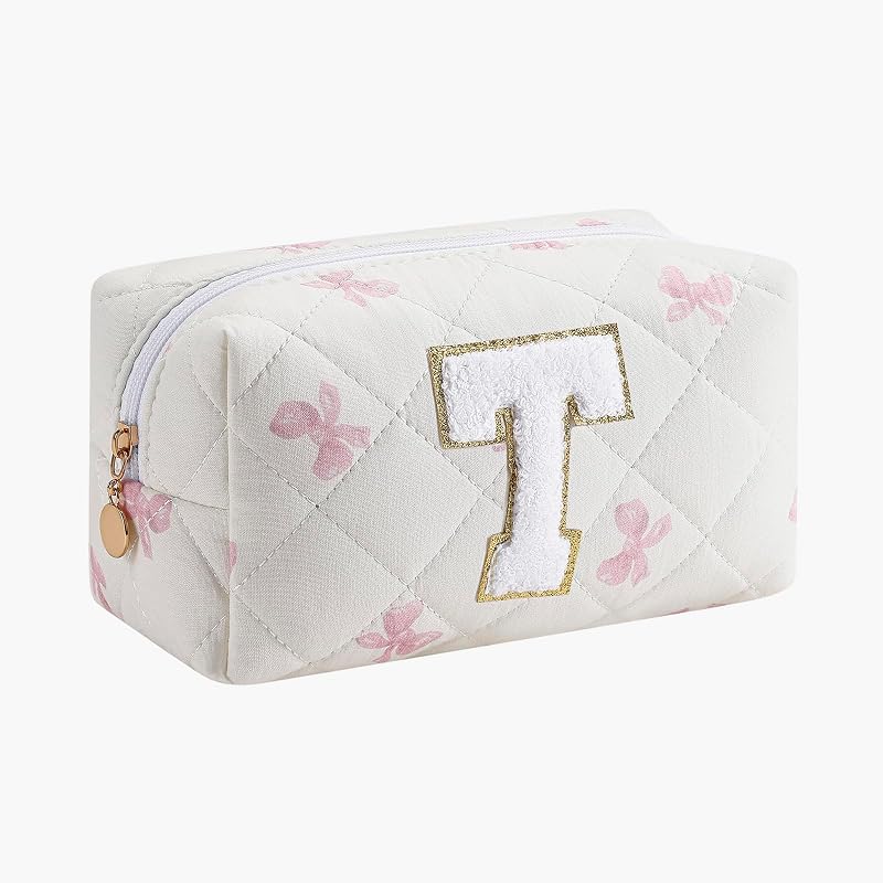 Necessaire Gleyemor de Algodão Matelassê com Estampa Floral Rosa e Inicial Personalizável