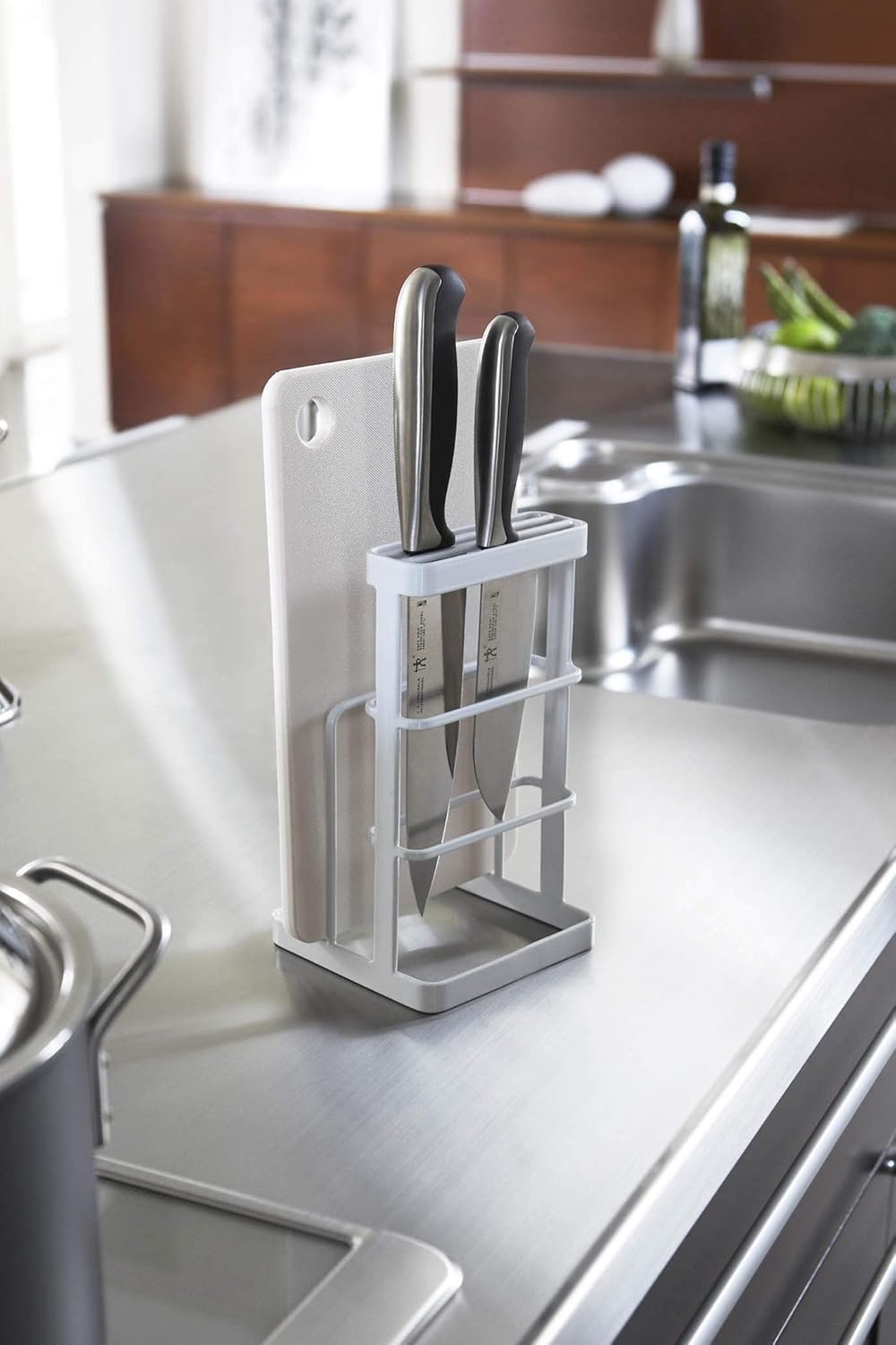 Yamazaki Home KT-TW C WH Cutting Board & Knife Stand, White