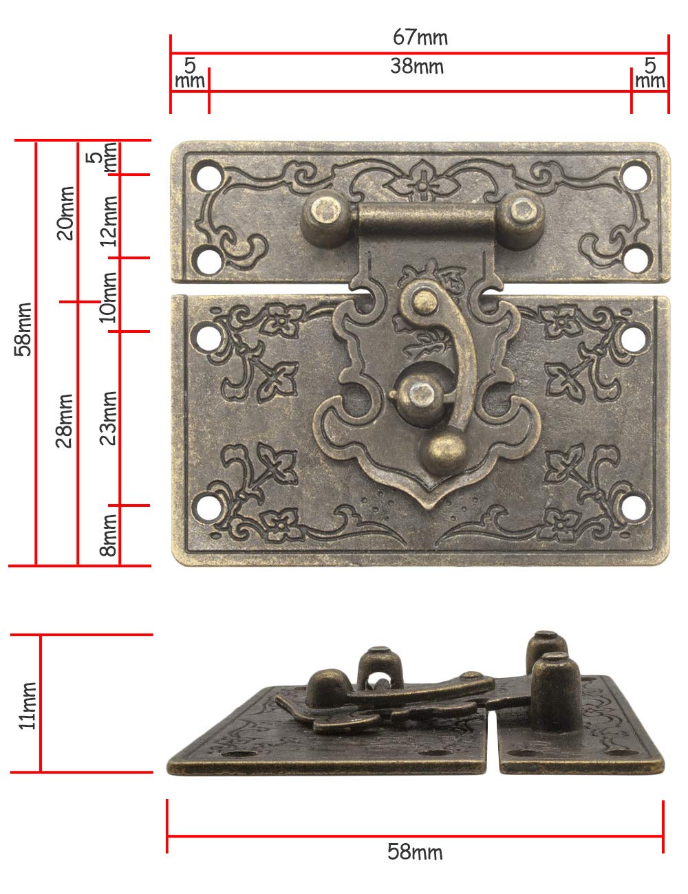 FUXXER Chiusura antica con gancio di bloccaggio per casse mobili, 67 x 58 mm, bronzo, set da 2 pezzi