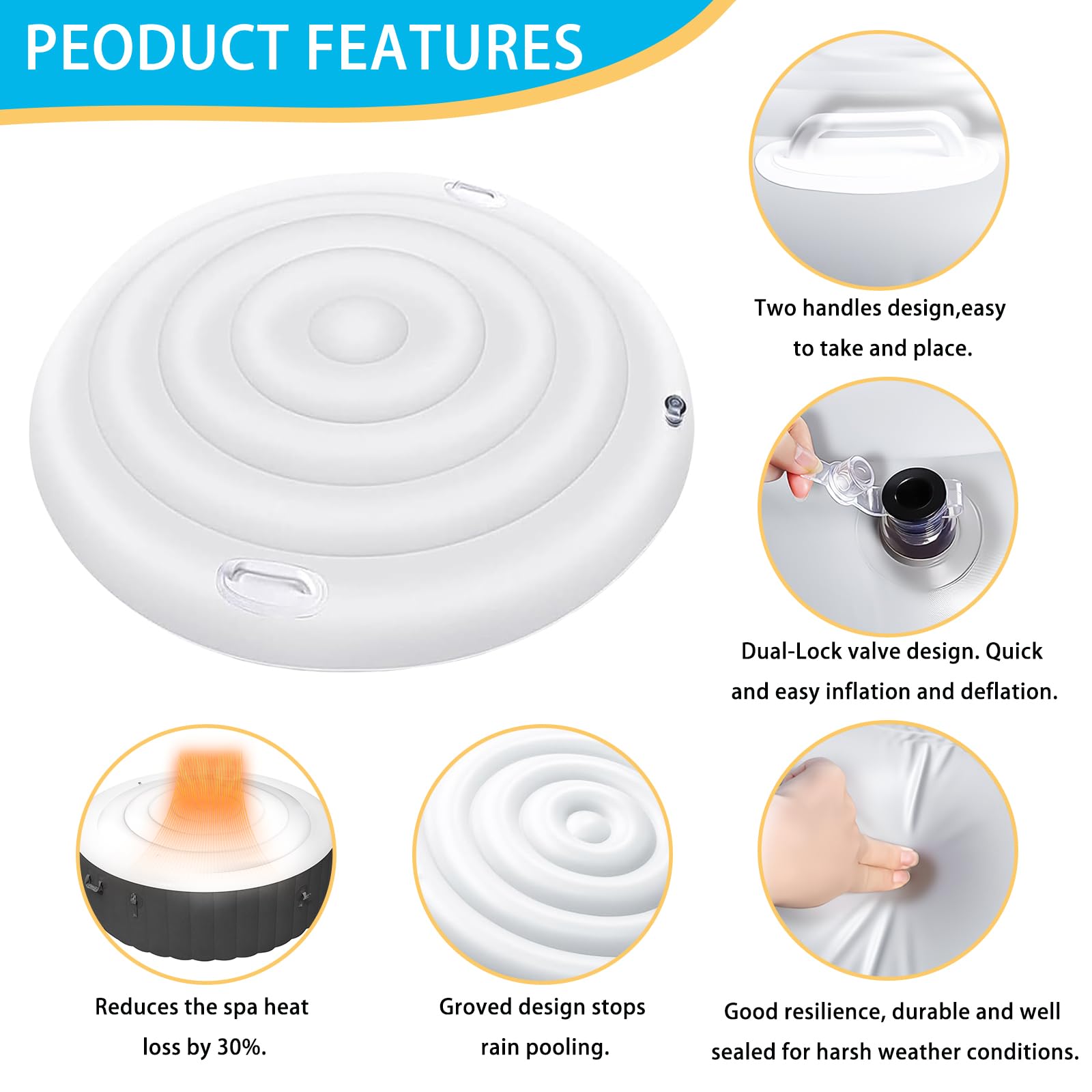 Runde Whirl-poolabdeckung, Aufblasbare Badewannenabdeckung Mit Griffen, Premium Energiesparende Whirl-Pooldeckel, Universelle Aufblasbare Whirlpool-Abdeckung (Runde-135CM)