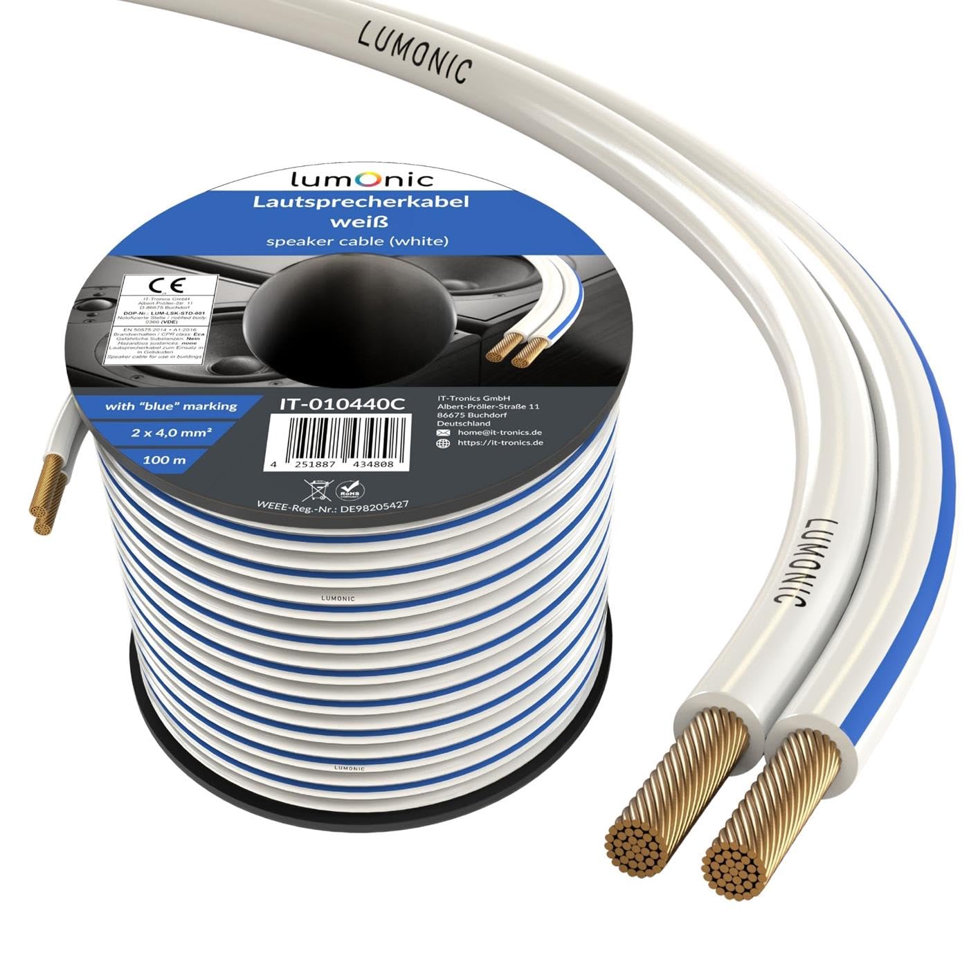 Lumonic Câbles de haut-parleurs | 100m Blanc | 2x 4mm² CCA | marque bleue Câble pour enceintes hi-fi | Ligne audio jumelée