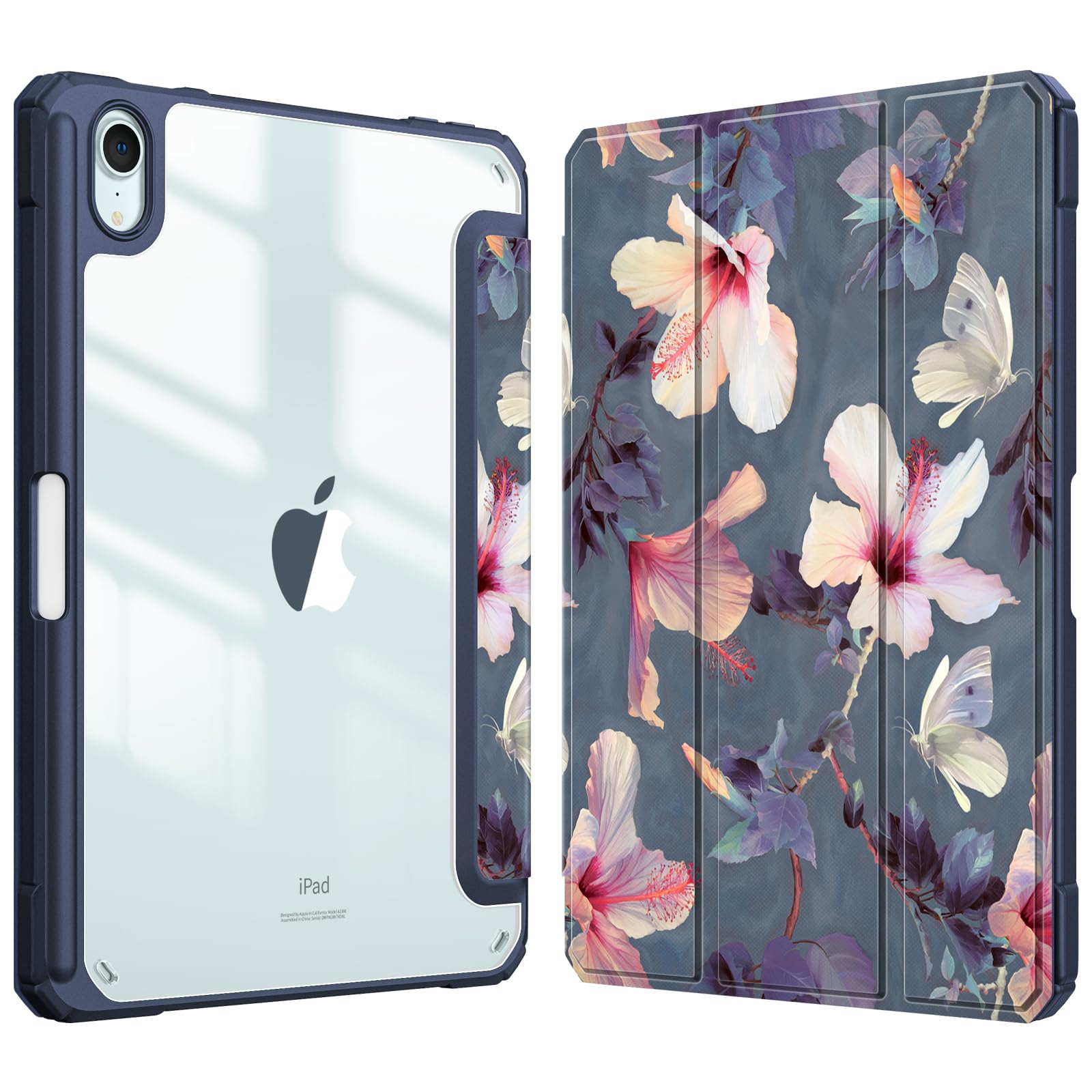 Fintie Hybrid Slim Case for iPad mini 7 (A17 Pro, 7th Generation) 2024 / iPad mini 6 (6th Gen) 8.3 Inch, [Built-in Pencil Holder] Shockproof Cover Clear Transparent Back Shell, Hibiscus